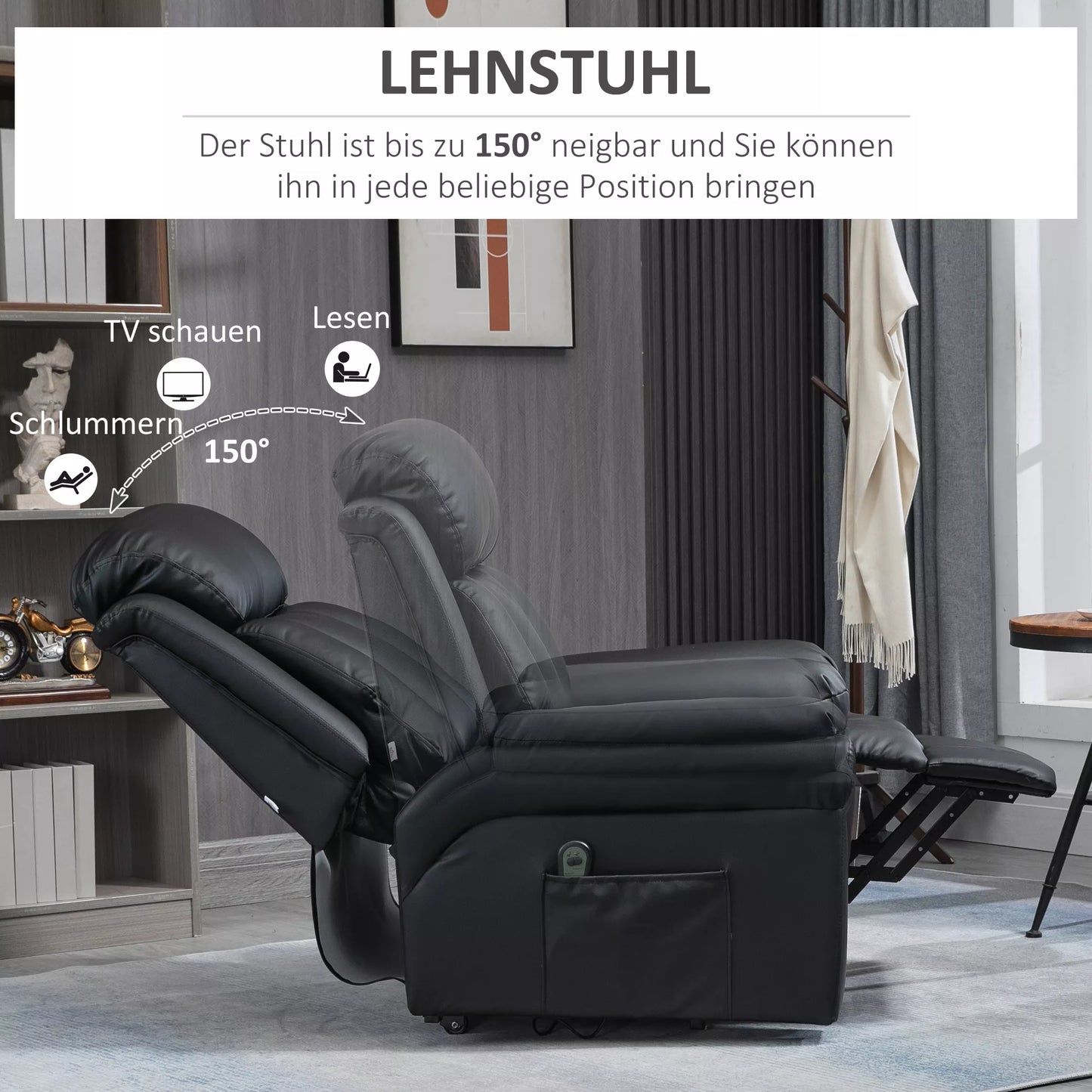 Atlošiamas fotelis su pagalba atsikeliant, įsk. kojų ir galvos atramas, 1 nuotolinio valdymo pultelis, juodas