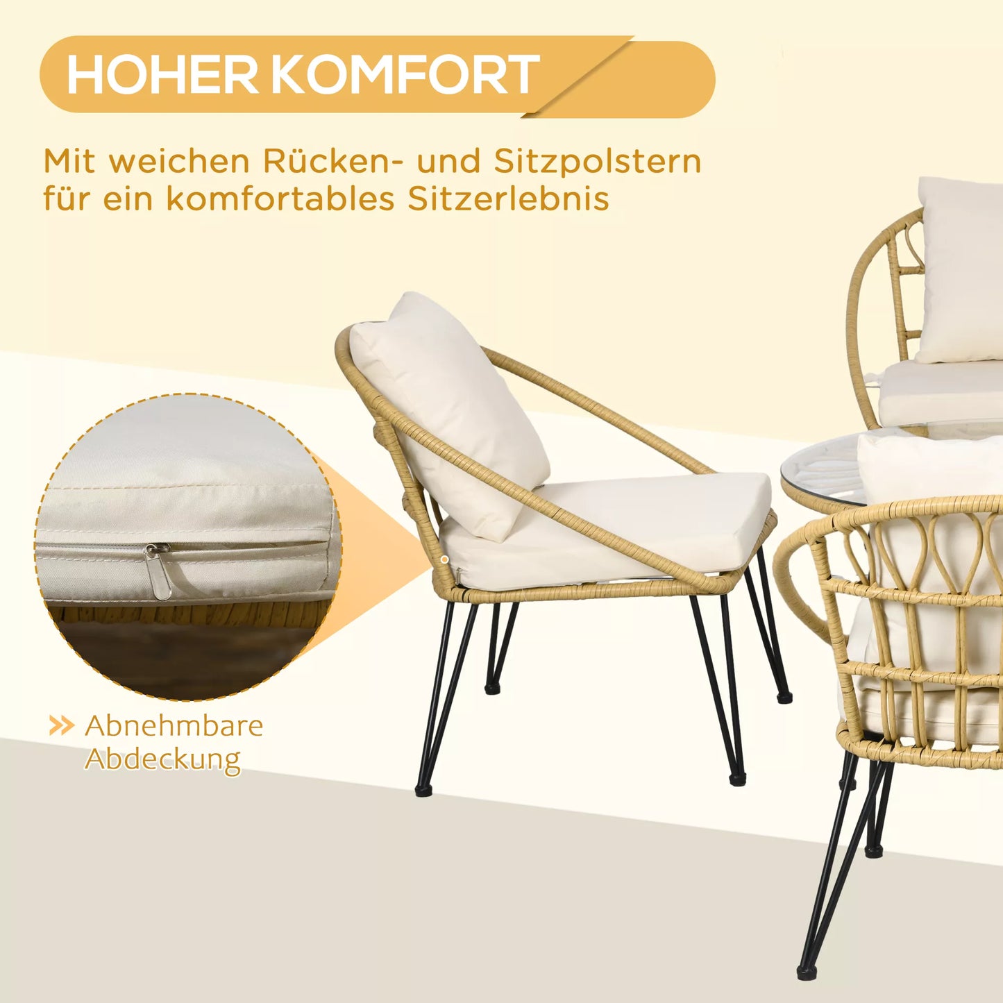 5 dalių lauko sėdimųjų baldų komplektas, Boho stiliaus, 1 valgomojo stalas ir 4 kėdės, su pagalvėlėmis, poliratanas, smėlio/natūralus