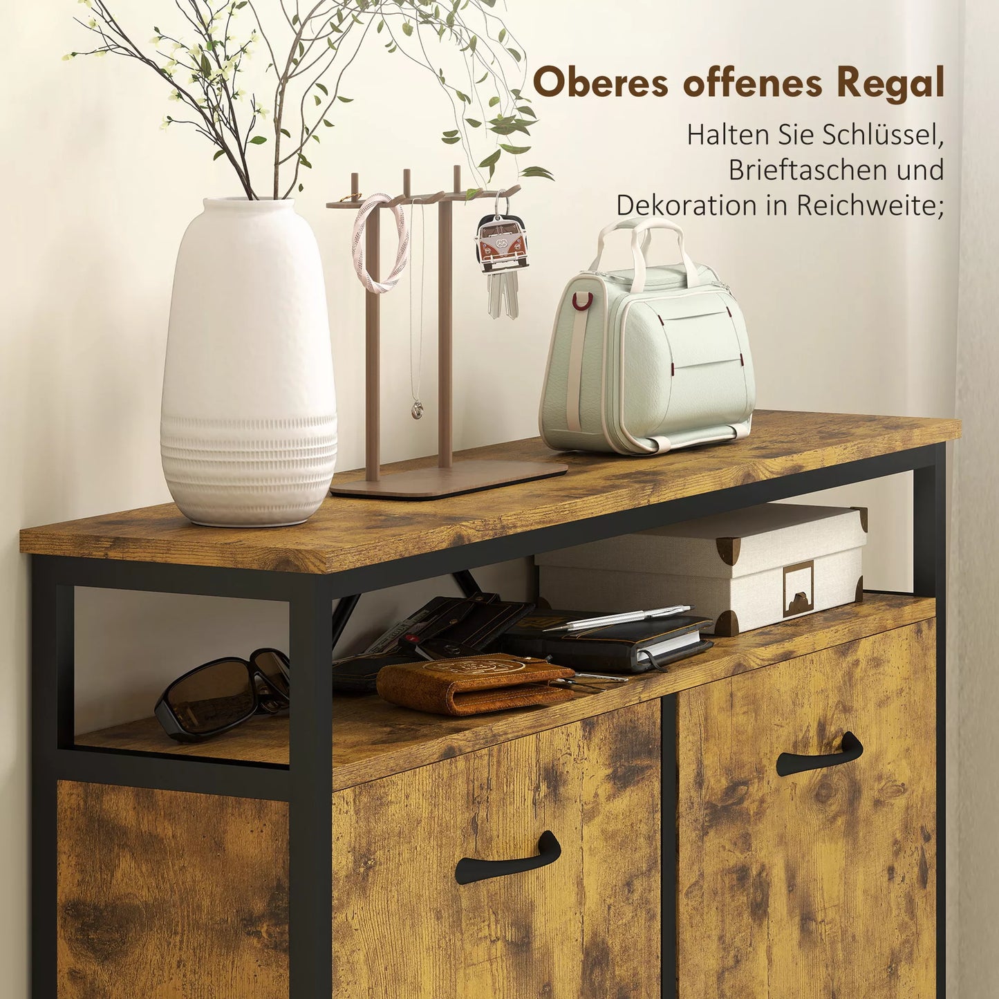 Siauros konstrukcijos batų spinta su 4 atlenkiamais stalčiais, atvira lentyna, talpa 12-20 porų batų, plieninė, ruda