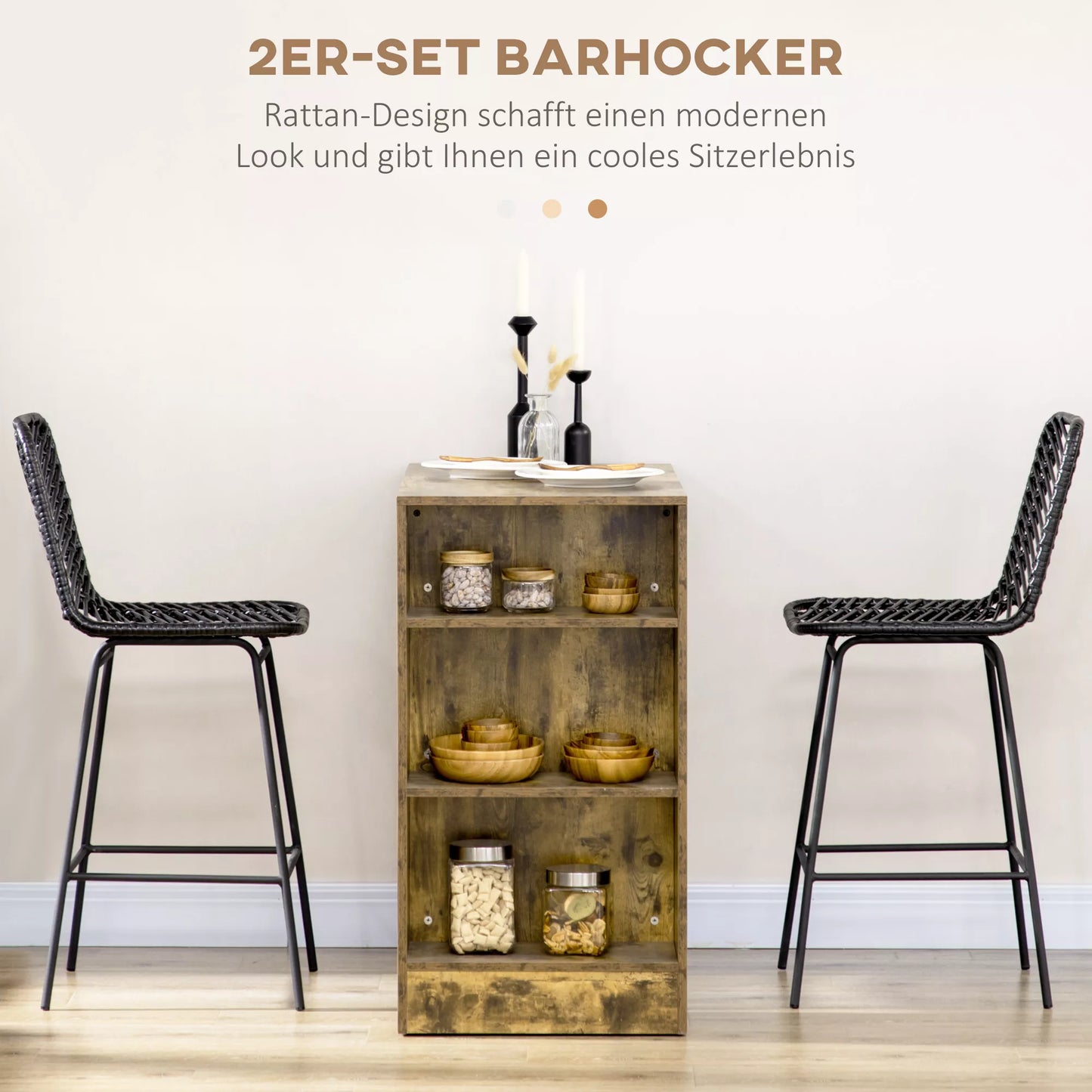 Baro taburetės, 2 vnt. komplektas, rotango išvaizda, atrama kojoms, plieno rėmas, neslystančios, iki 120 kg, 42,5x52x102 cm, juodos