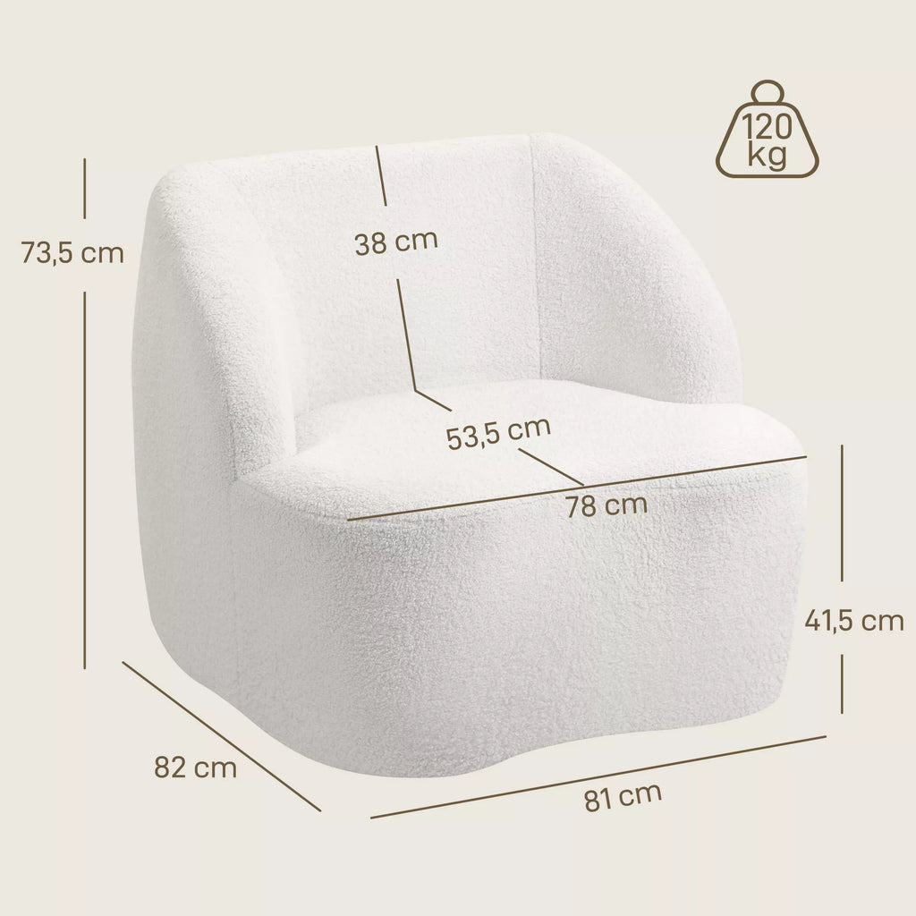 Infografika su kreminės baltos spalvos fotelio matmenimis: 82x81 cm pagrindas, 73,5 cm aukštis, 120 kg talpa