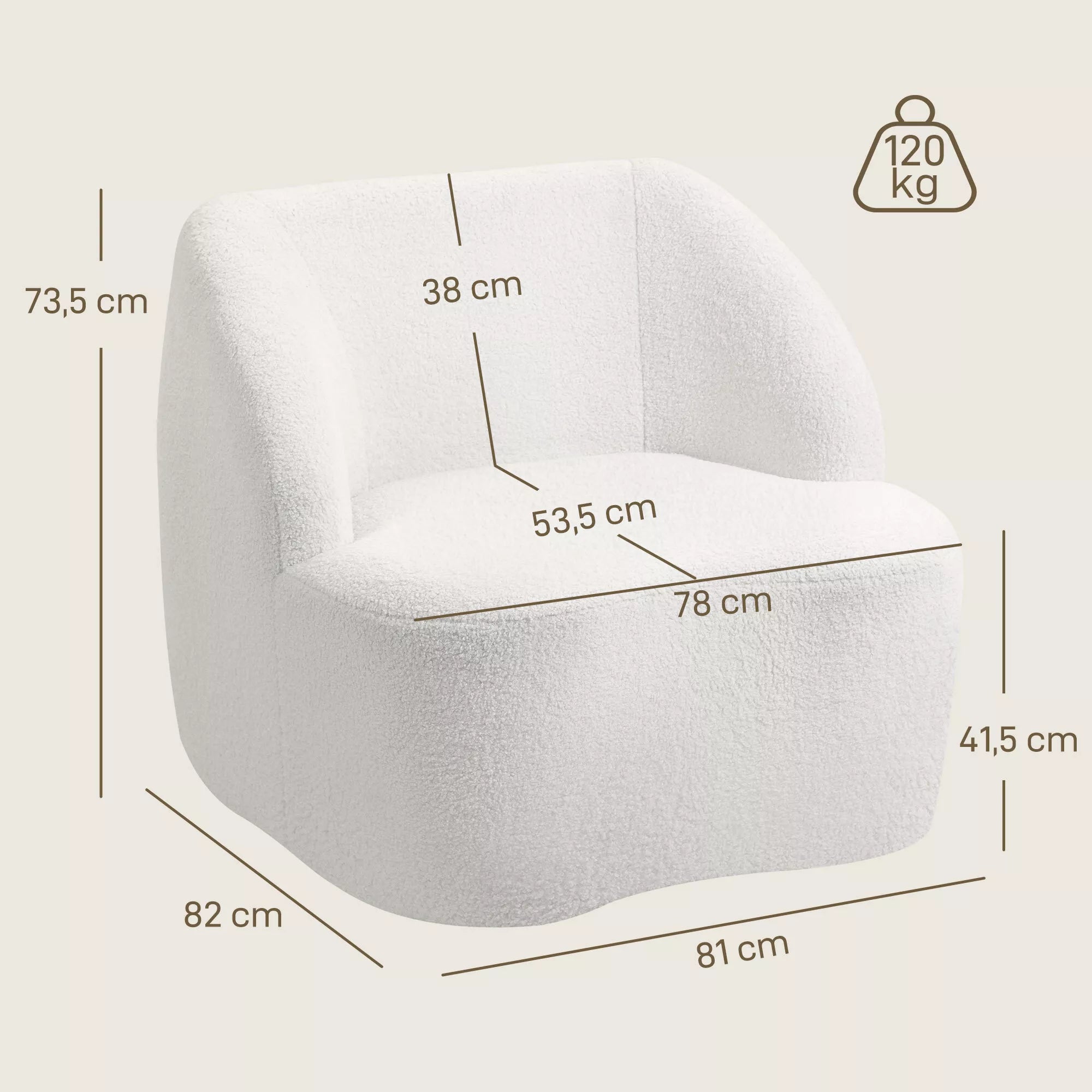 Infografika su kreminės baltos spalvos fotelio matmenimis: 82x81 cm pagrindas, 73,5 cm aukštis, 120 kg talpa