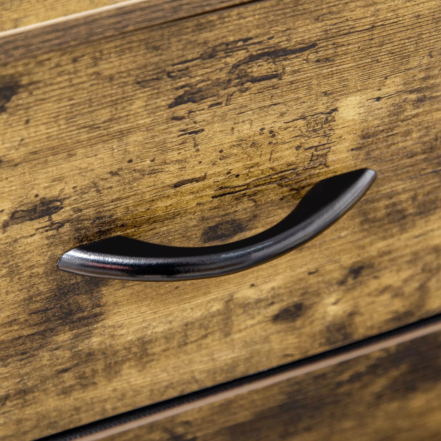 Komoda su šešiomis stalčiais, atviros lentynos, MDF ir plienas, 84x30x92 cm, ruda/juoda, reguliuojamos kojelės