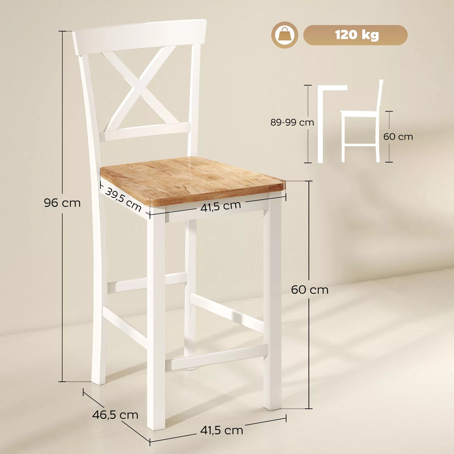 2 vnt. baro kėdžių rinkinys su atlošu ir atrama kojoms, kaučiukmedžio mediena, skirta virtuvei, valgomajam, barui, ąžuolo+balta spalva