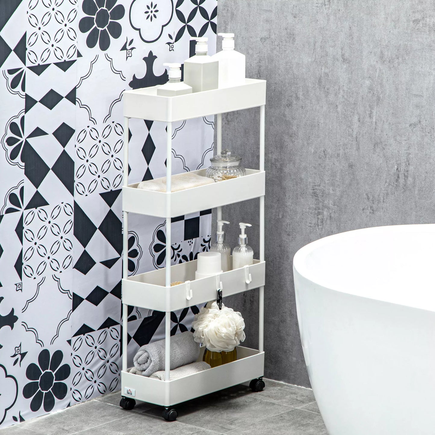 Virtuvės vežimėlis su 4 lentynomis, 4 lanksčiais kabliukais, 4 ratukais, 40 cm x 19 cm x 90 cm, siauras vežimėlis, baltas