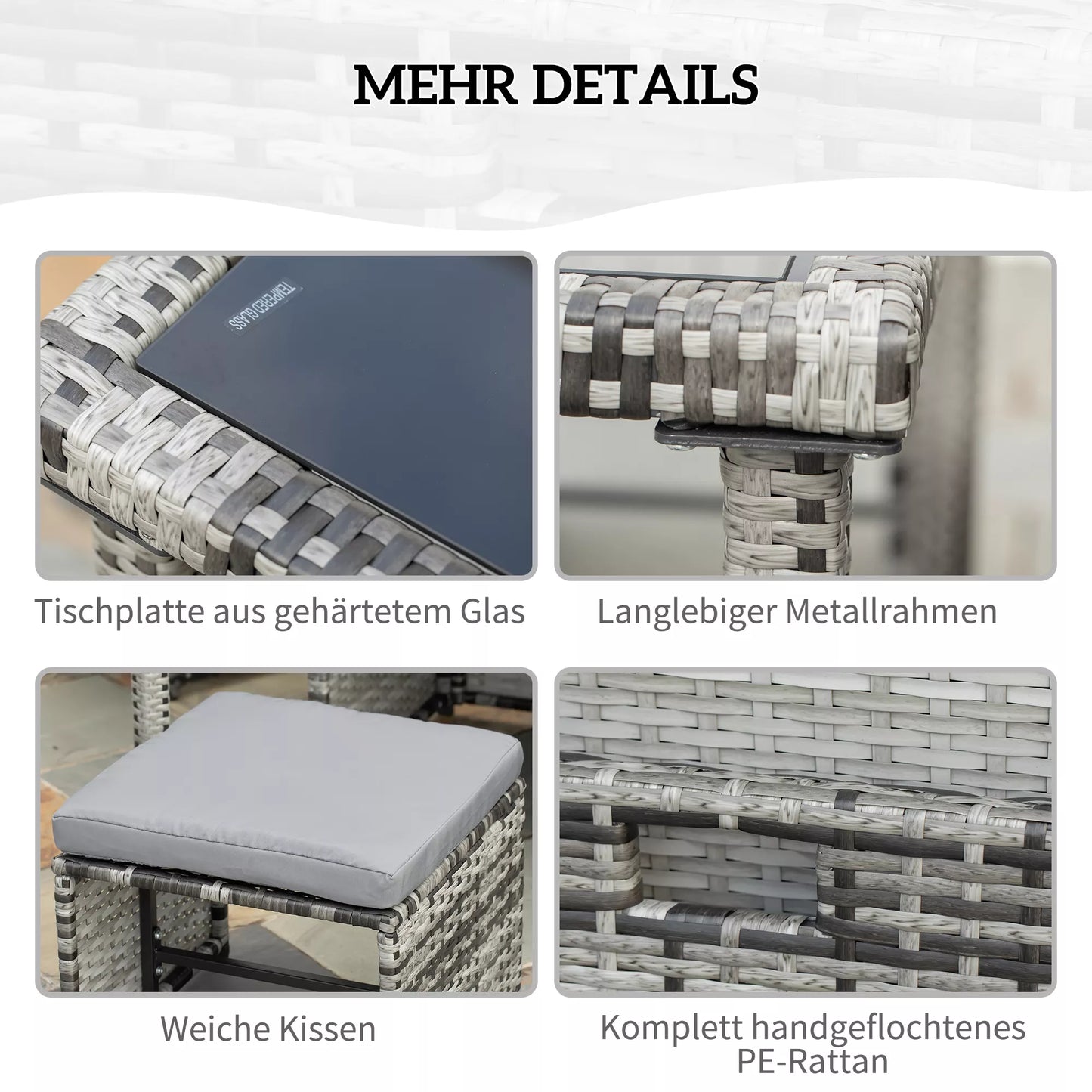 Poliratano lauko baldų komplektas 4 žmonėms, sodo valgomojo komplektas su pagalvėlėmis, pilkas