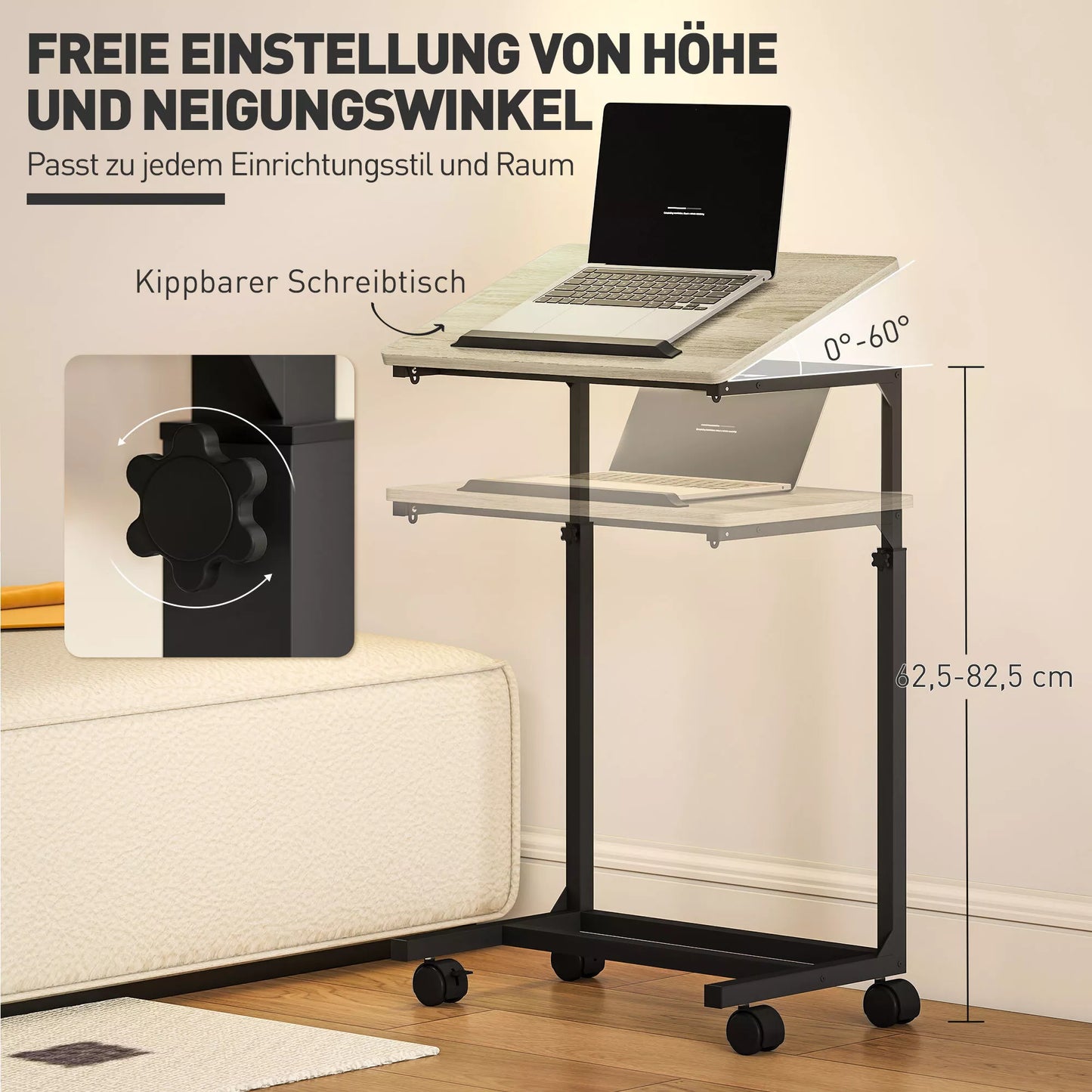 Aukščiui reguliuojamas staliukas, rašomasis stalas, naktinis staliukas, su 4 ratukais, metaliniu rėmu