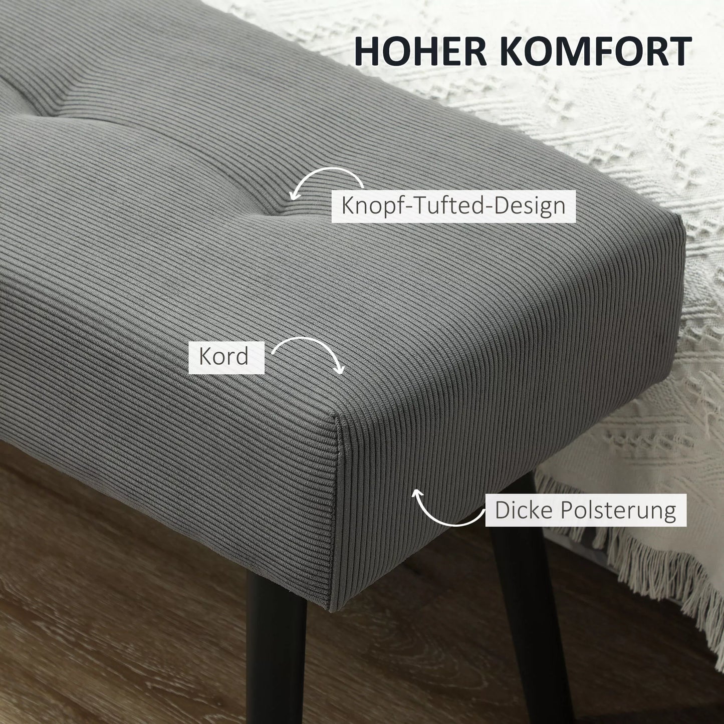 Minkštas suolas su kordiniu apmušalu, suolas prie lovos su metalinėmis kojelėmis, suolas batams 100 x 36 x 45 cm Pilkas