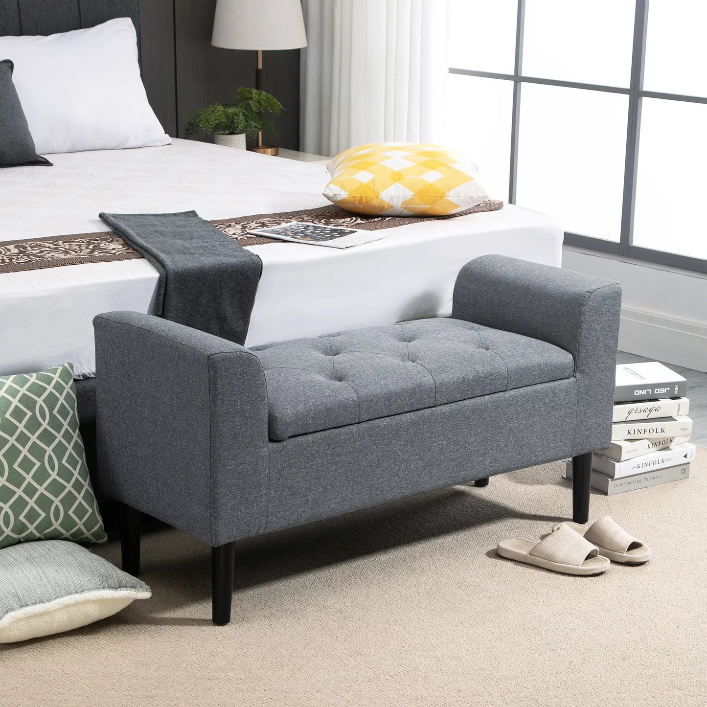 Sėdynė su daiktadėže, paminkštinta sėdynė, atlaiko iki 130 kg, lininė išvaizda, kaučiukmedžio mediena, 116 x 44 x 58 cm, šviesiai pilka