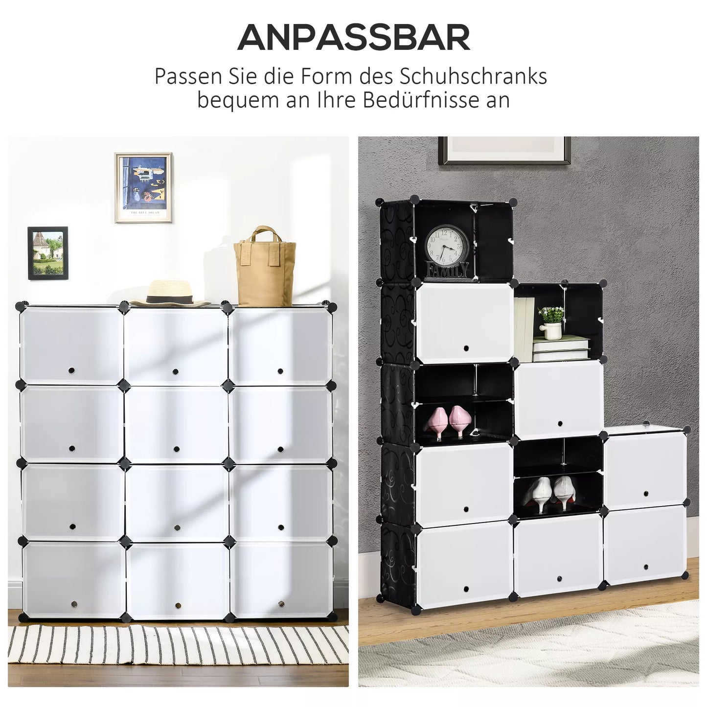 Modulinė lentynų sistema, sudedama iš 12 kubelių, 125 x 32 x 125 cm, plastikas+plienas, juoda