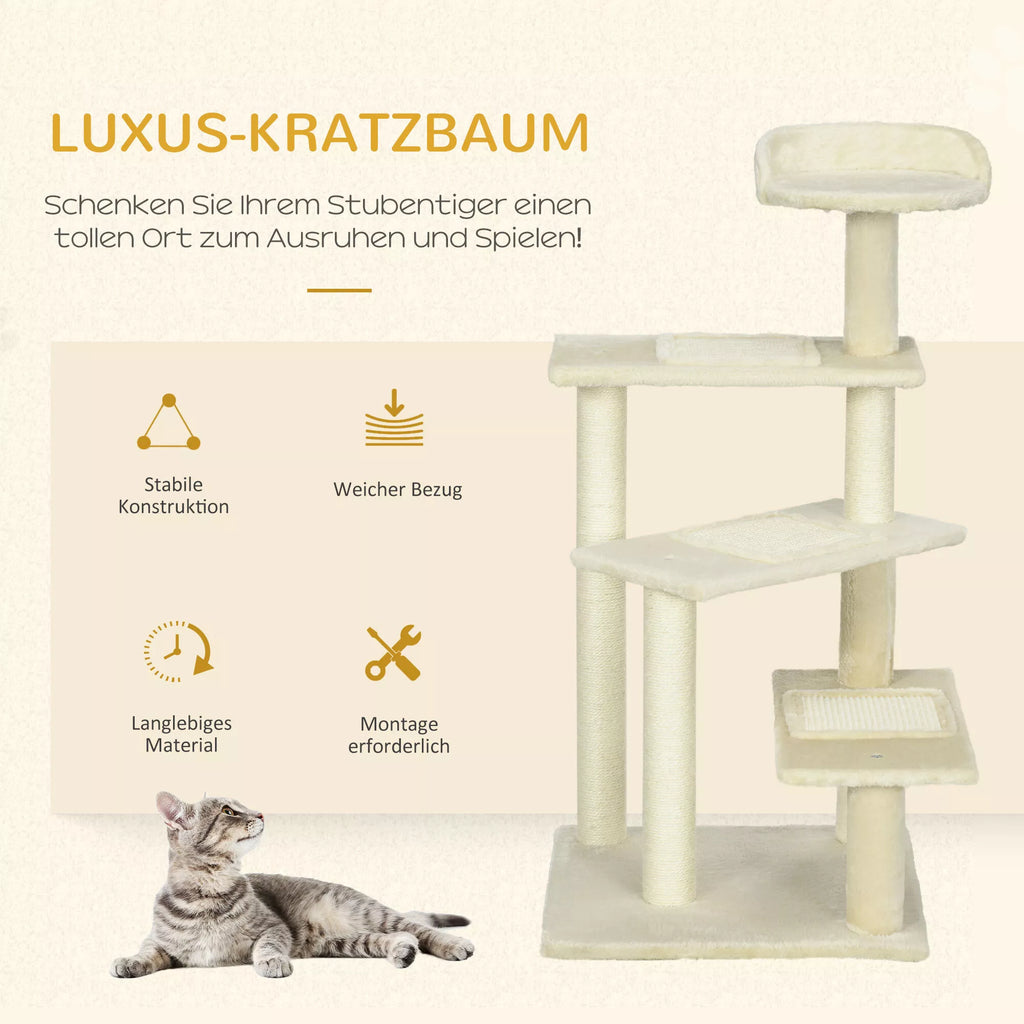 Kratzbaum 100 cm Katės bokštas su sizalio kamienais, didelė platforma, kelių aukštų katės kratas, laipiojimo medis, skirtas mažoms ir vidutinio dydžio katėms, smėlio spalvos