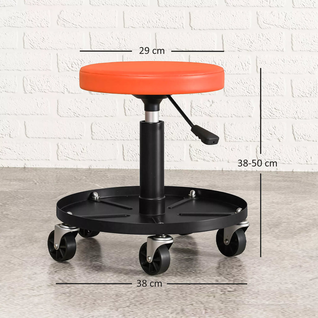 Serviso taburetė su ratukais ir įrankių dėtuve, reguliuojamo aukščio, iki 135 kg, oranžinė