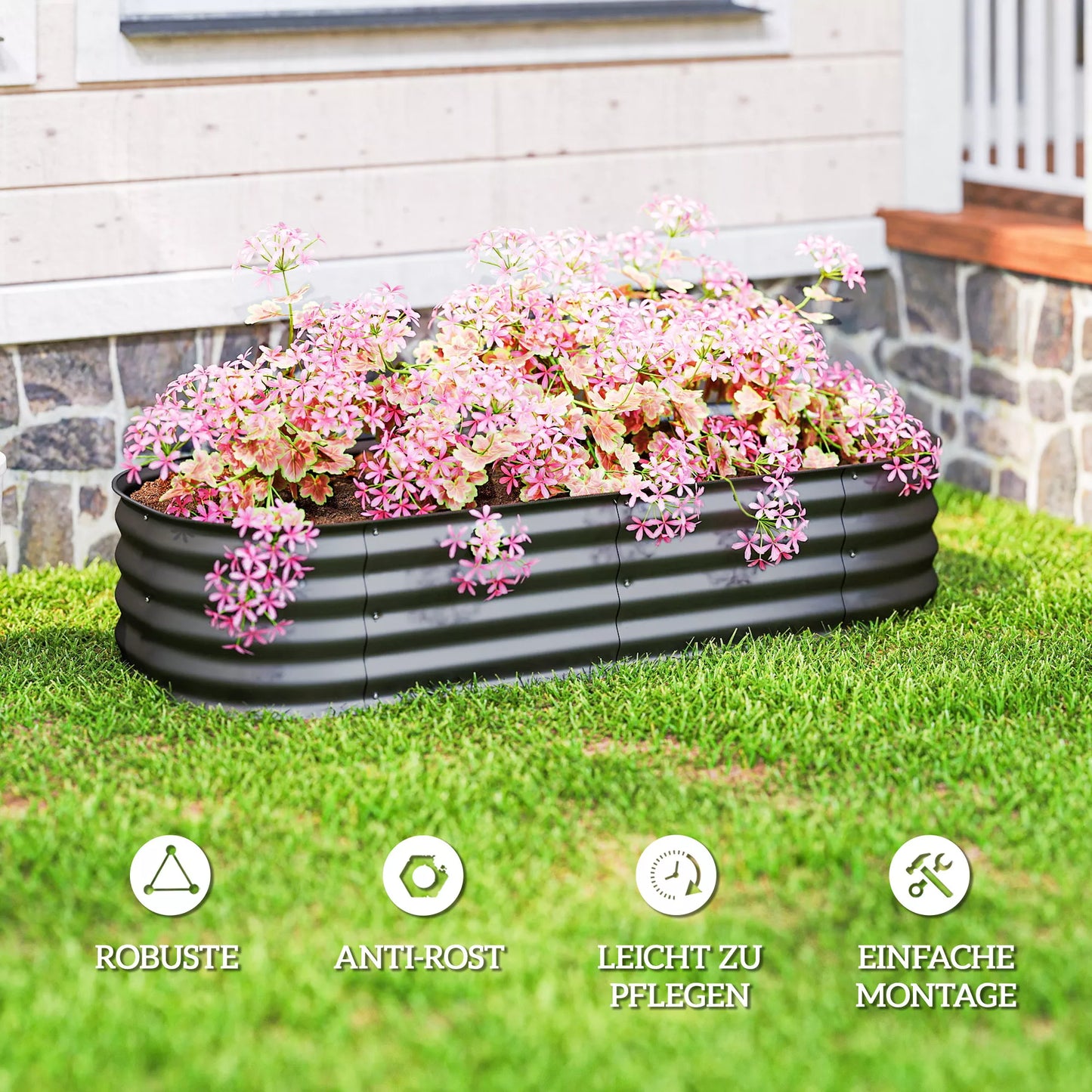 Aukštas lysvės, modulinė aukšta lysvė, apsaugoti kraštai, dizainas be dugno,  150 x 62 x 30 cm, tamsiai pilka