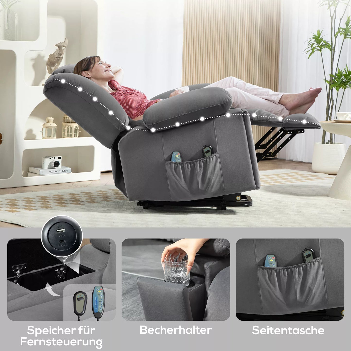 Elektrinis fotelis su pakėlimo funkcija, minkštas, aksominis audinys, USB jungtys