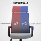 Infografika: kėdės atlošo dviejų sluoksnių pjūvis rodo sintetinį vilną ir putplasčio vidų