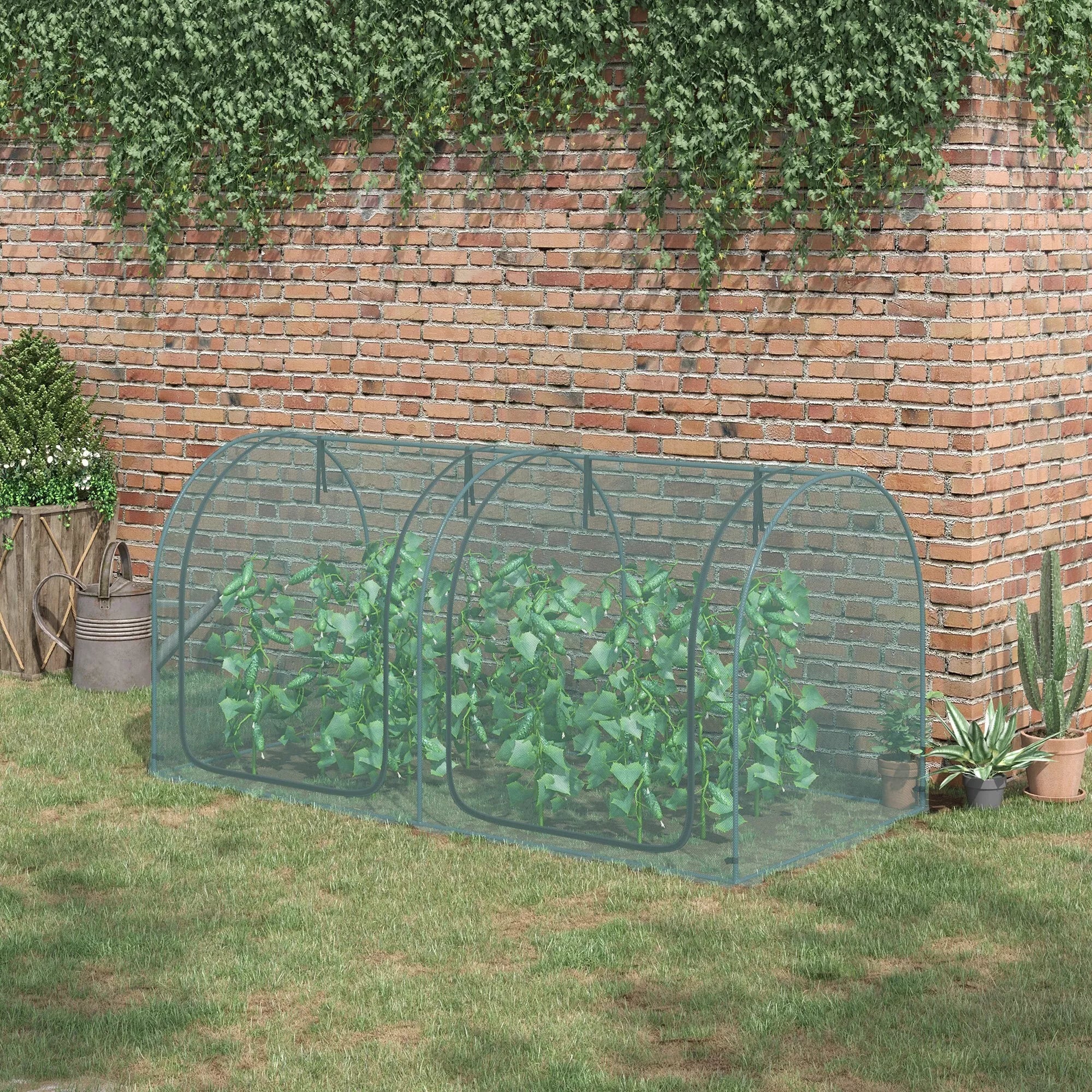 Augalų apsaugos tinklas, 2 suskleidžiamos durys, plieninis rėmas, su nešimo krepšiu, tamsiai žalias, 2,49 x 1,2 x 1,2 m