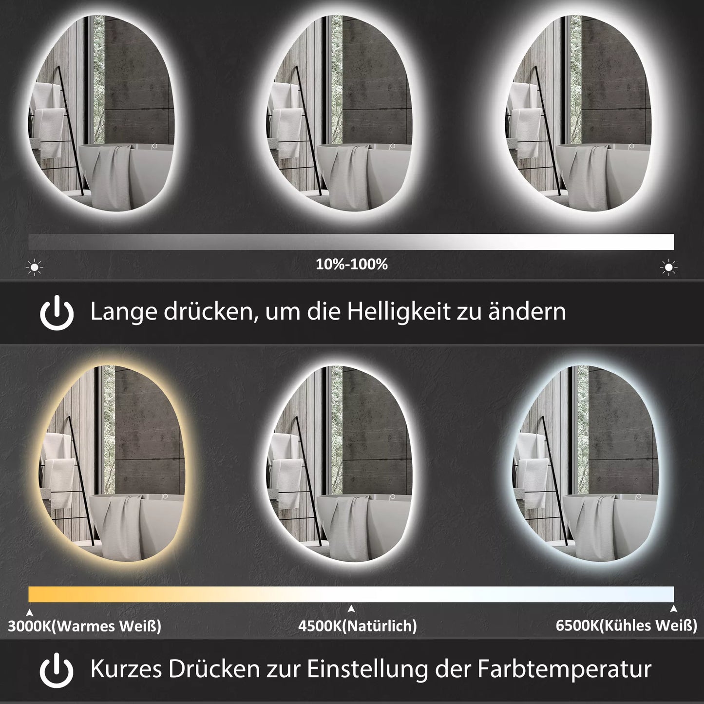 70 x 50 cm Asimetriškas vonios veidrodis su LED apšvietimu, "Smart Touch" jungikliu, apsaugos nuo rasojimo funkcija, sidabrinis