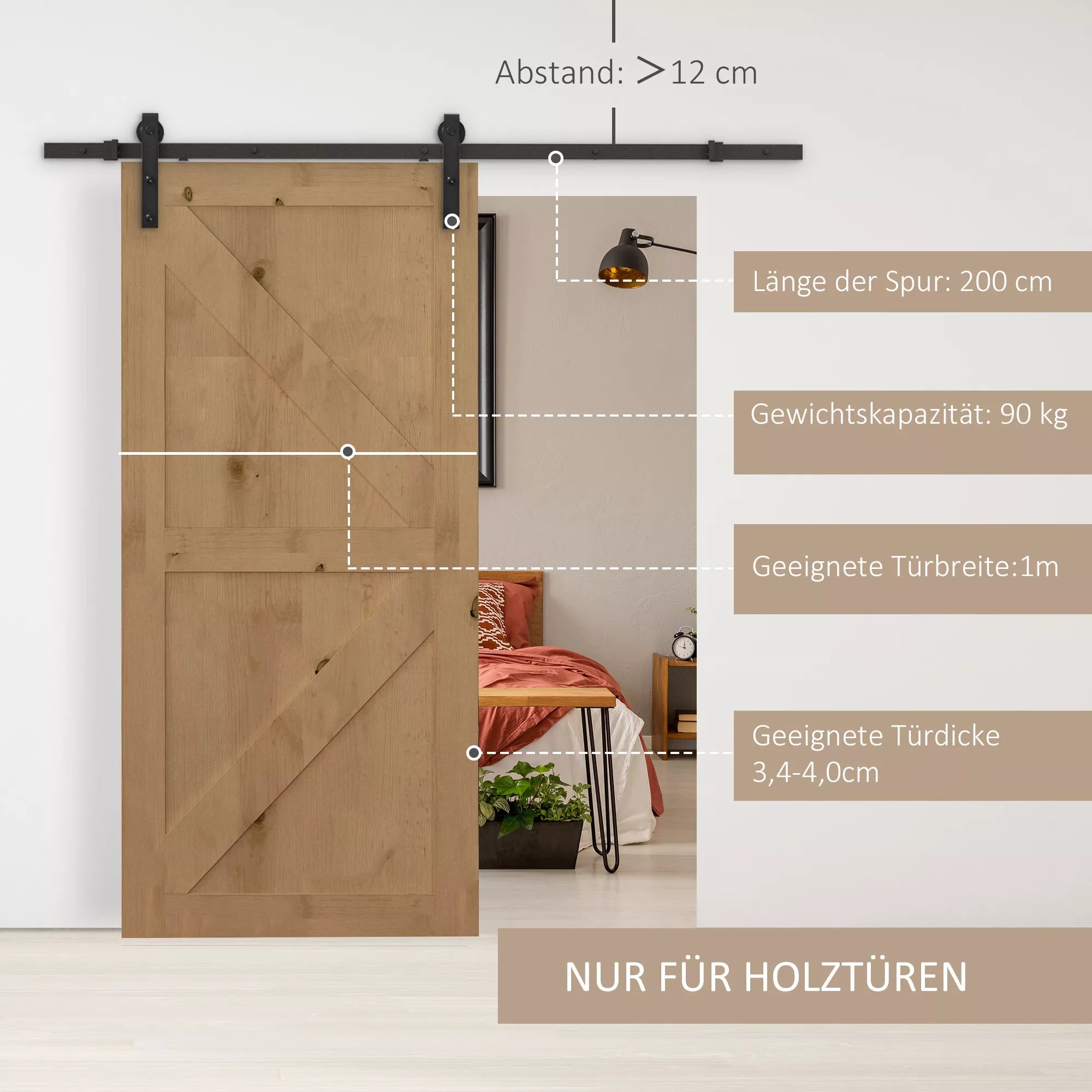 Slankiklių komplektas stumdomoms durims, iki 90 kg, anglies plienas, 200 cm, juoda, įsk. įrankius