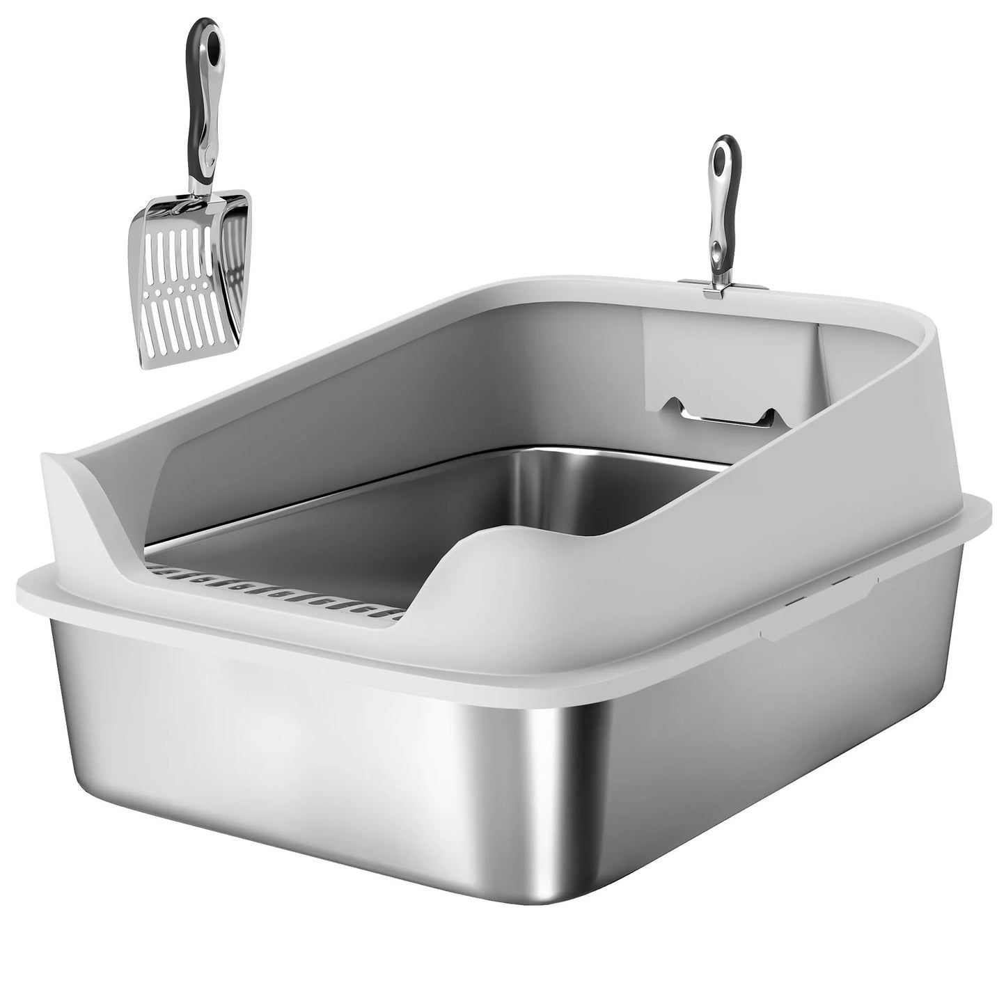 Katės tualetas iš nerūdijančio plieno Atviras katės tualetas su aukštu kraštu ir kastuvu, skirtas didelėms katėms iki 12 kg 69,8 x 50,3 x 29,8 cm Pilkos spalvos