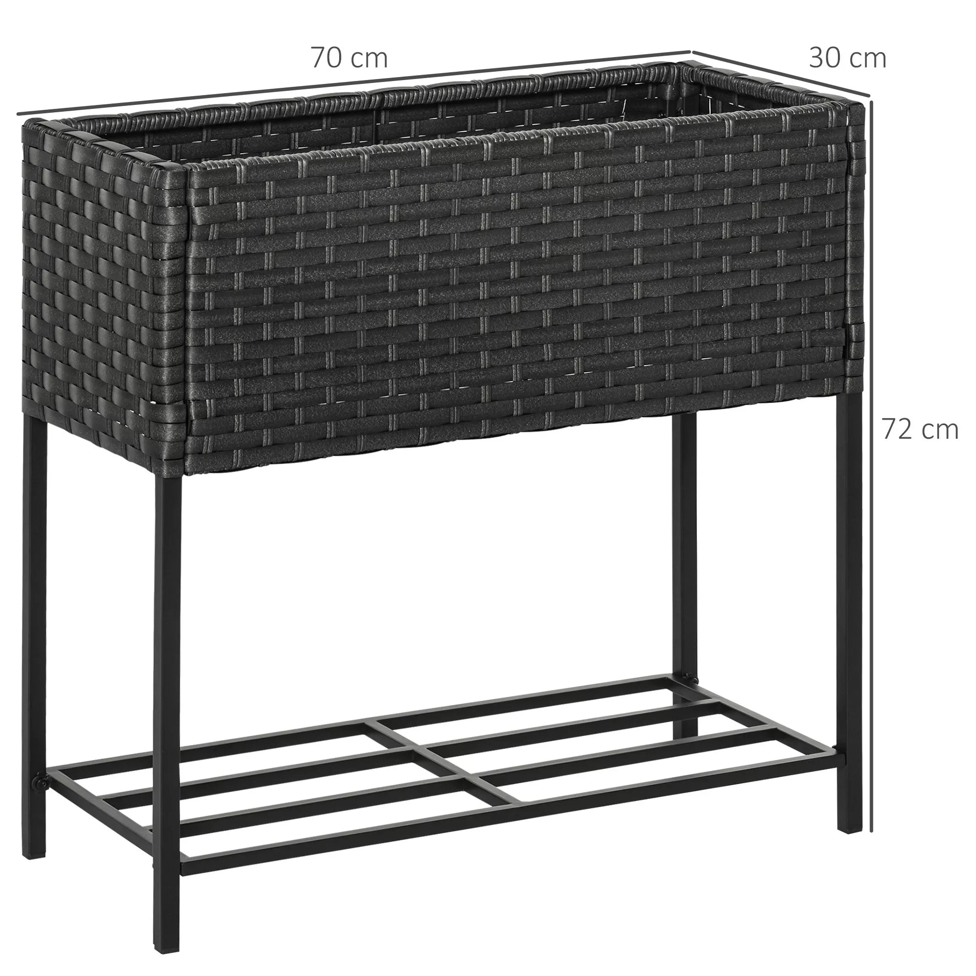 Pakelta gėlių lysvė, gėlių dėžė, gili dėžė, metalinis rėmas / poliratanas, 70 x 30 x 70 cm, tamsiai ruda