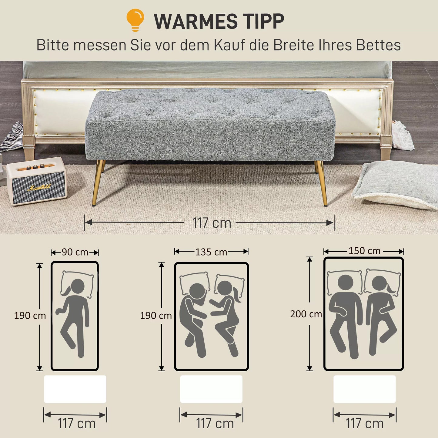 Lovos suoliukas, minkštas avies vilnos optikos užvalkalas, iki 120 kg, paauksuotos plieninės kojelės, 112x41x46cm, pilkos spalvos