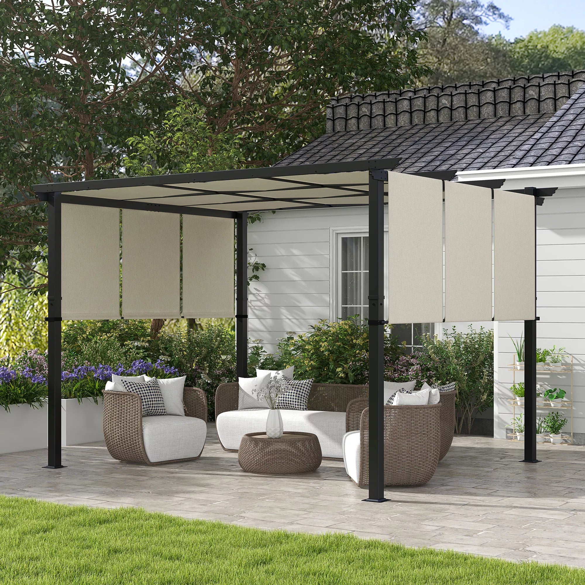 Markizė nuo saulės. Pergola, atspari oro sąlygoms, su tvirtinimo detalėmis, 3 x 3,5 m, smėlio spalvos