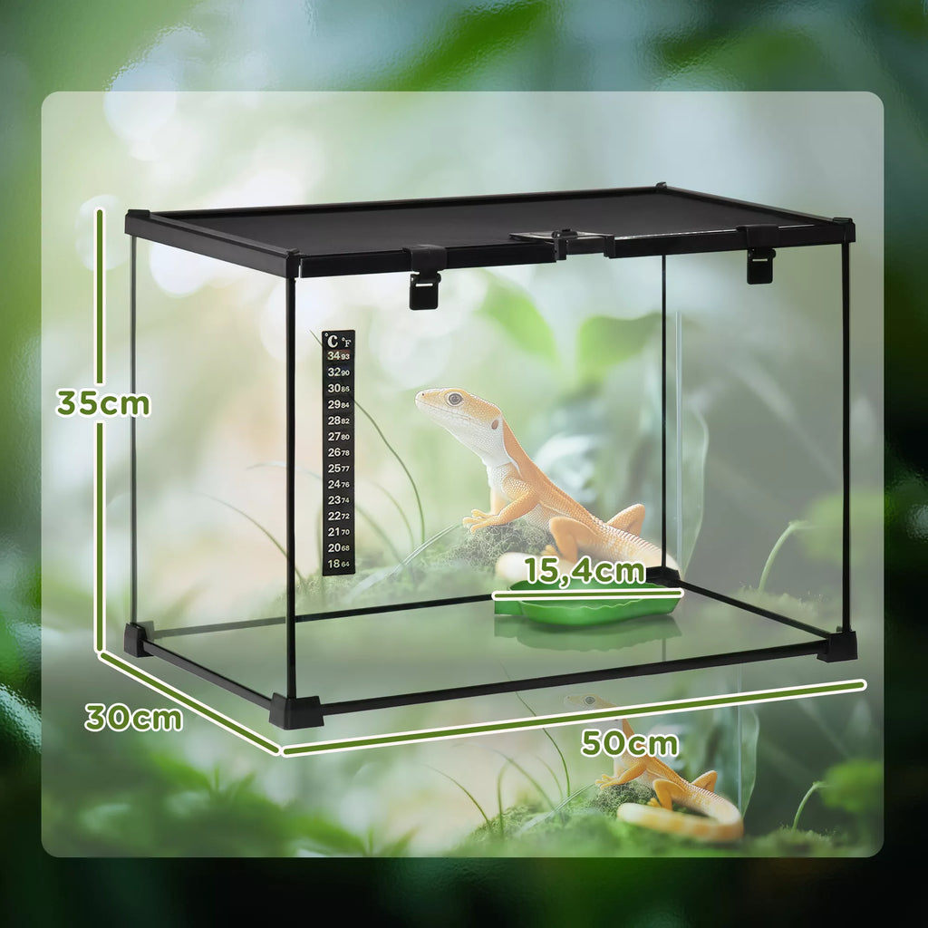 Terariumas ropliams Reptile Šėrimo dėžutė Stiklinis terariumas Amfibijos Voragyviai su termometru Roplių veisimo dėžutė Sraigės Amfibijos Vabzdžiai Vėžliai Juoda 50 x 30 x 35 cm