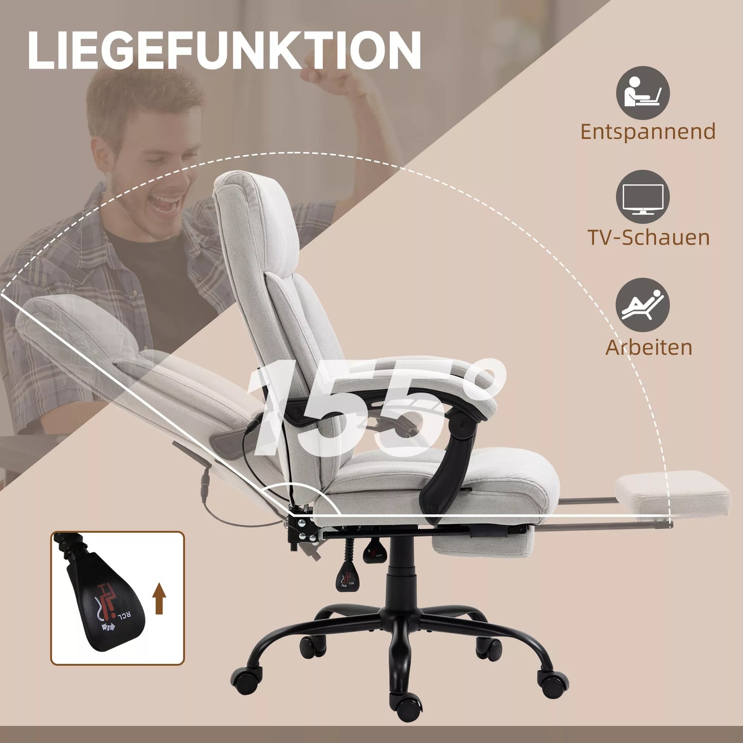 Masažinė biuro kėdė, kompiuterio kėdė, juosmens šildymas, svyravimo funkcija, šviesiai pilka