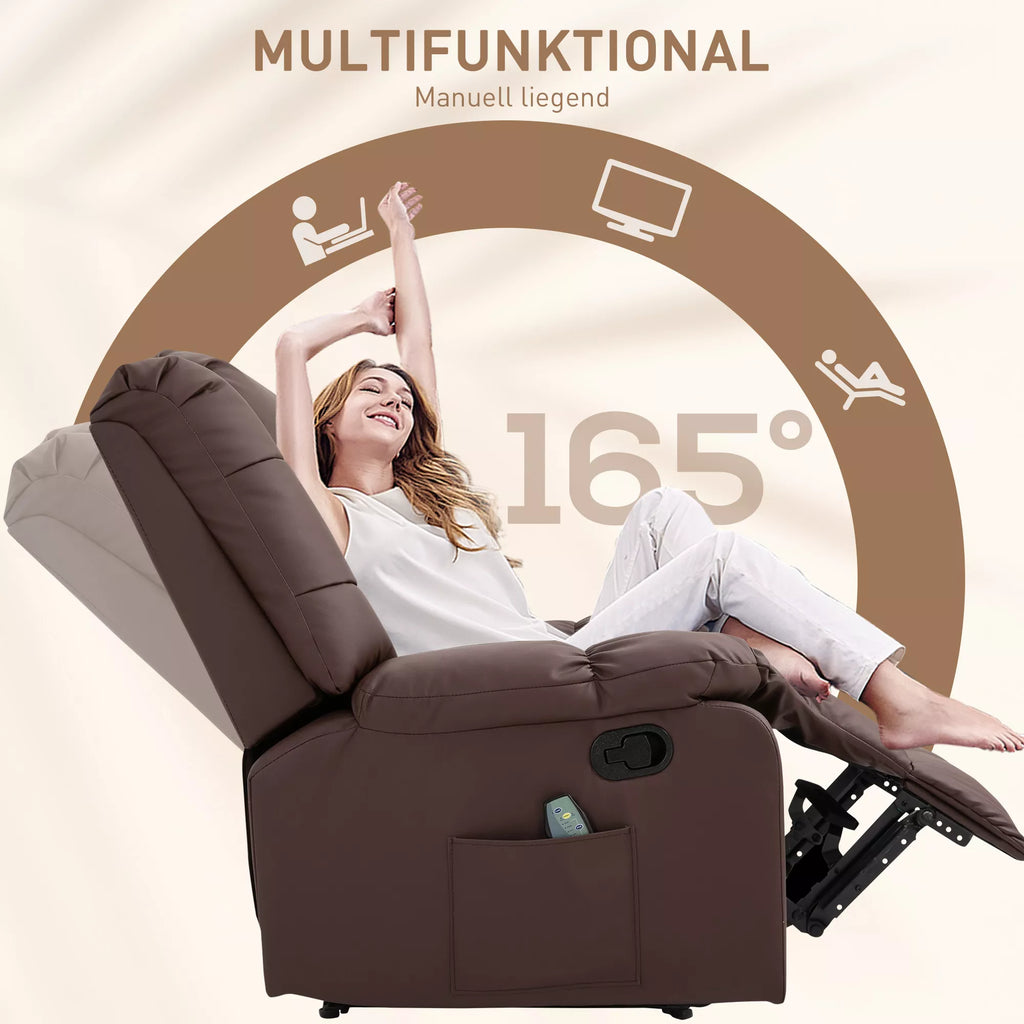 Massage chair, reclining with remote control 94 x 99 x 99 cm, brown faux leather