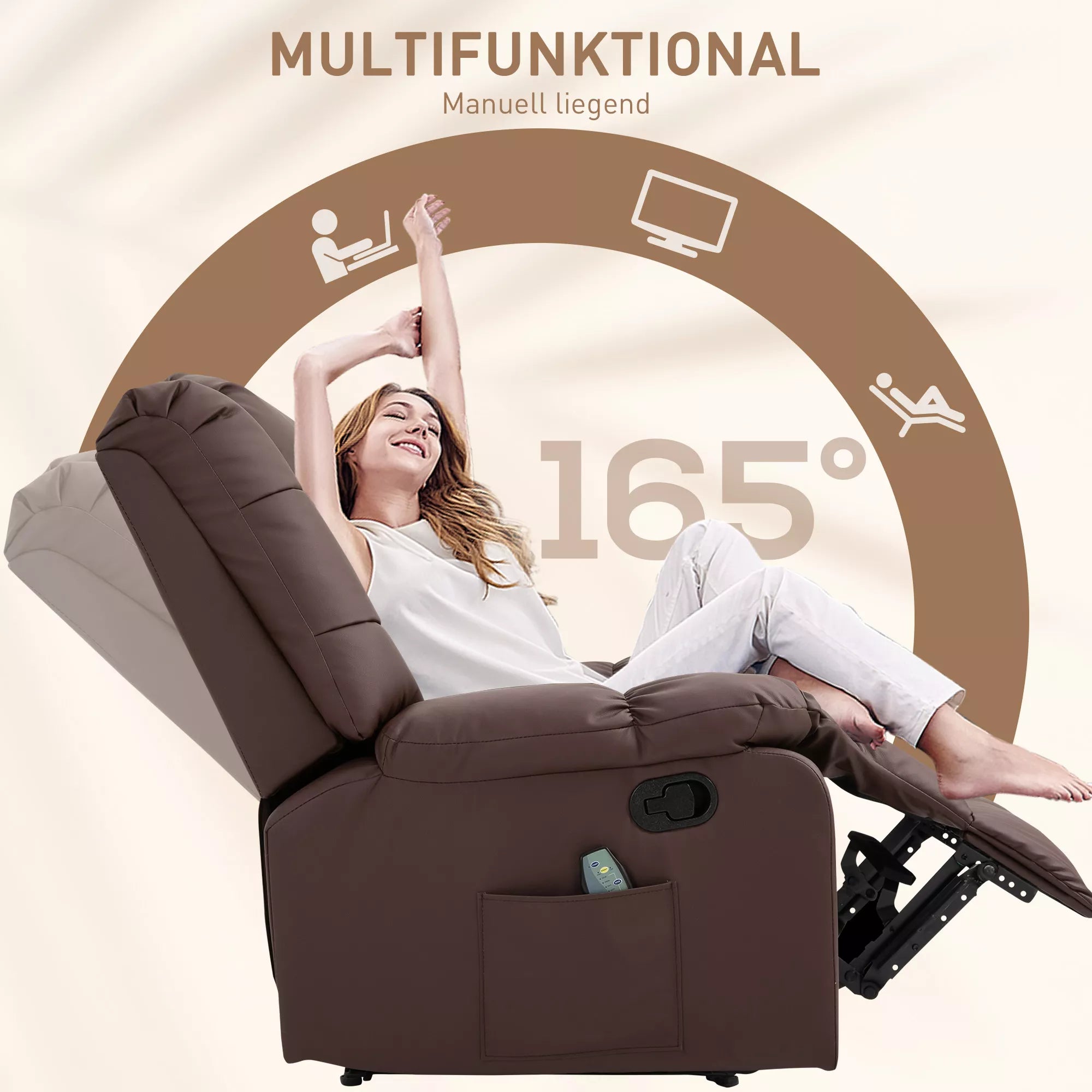 Massage chair, reclining with remote control 94 x 99 x 99 cm, brown faux leather