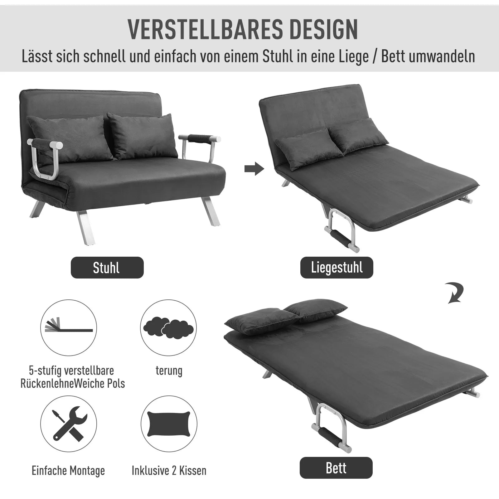 Sofa-lova „3 in 1“ su 5 padėčių reguliuojamu atlošu ir aksomo apdaila, 185x105 cm (pilka)