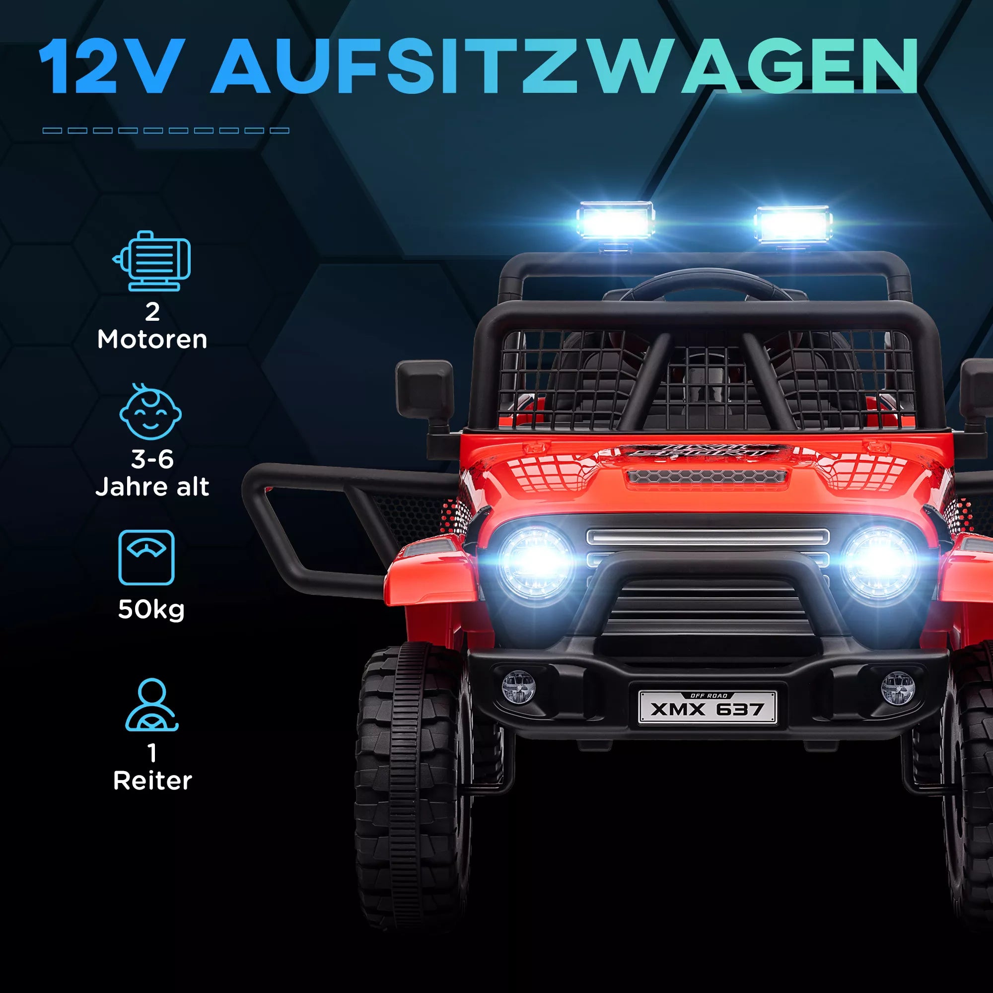 Vaikų elektrinis automobilis su švelnia amortizacija, nuotolinio valdymo pultu, LED žibintais, signaline, 12 V varikliais, pagamintas iš plastiko ir metalo, raudonos spalvos.