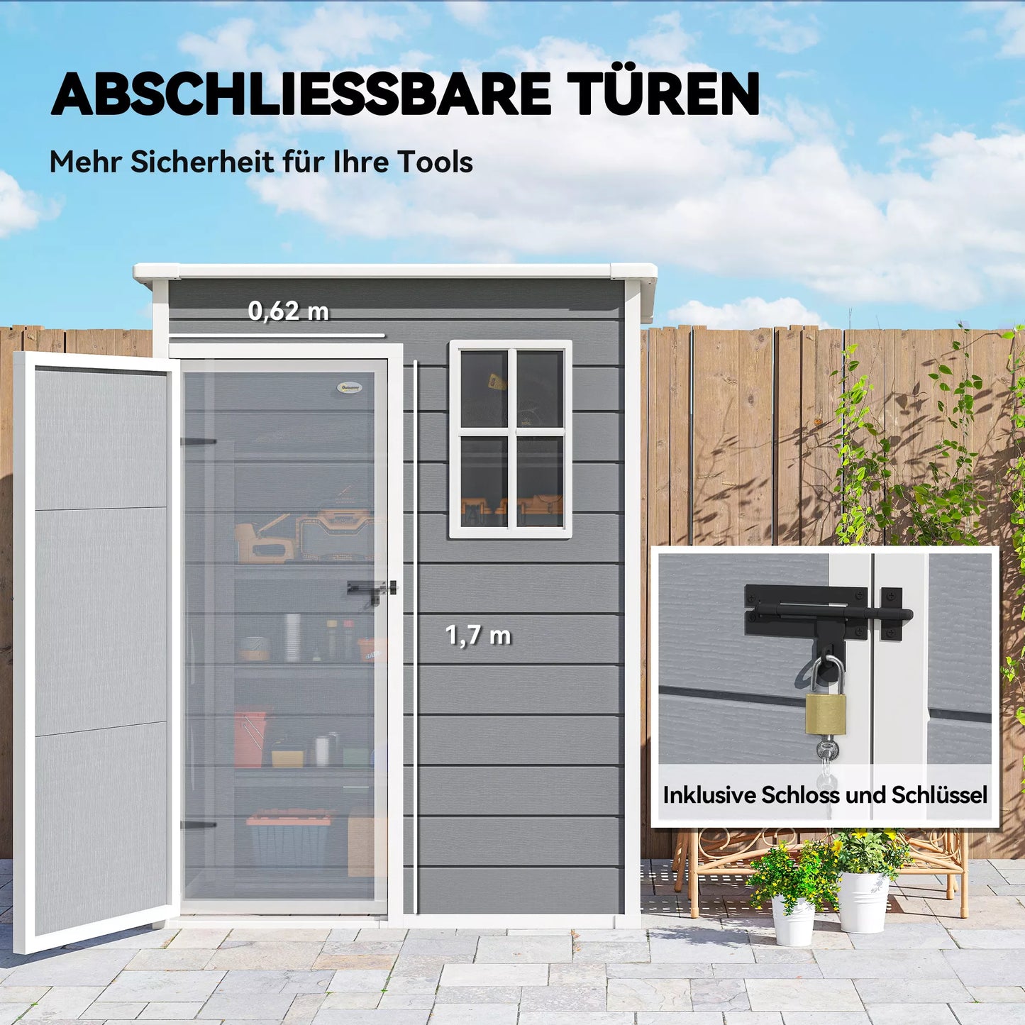 Outsunny Sodo namelis plastikinis 1,14 m² 151 x 92 x 193 cm Įrankių pašiūrė su vienšlaitiniu stogu, grindys, langas, pilkos spalvos