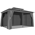 Paviljonas 3,8 x 3 m, atsparus vandeniui, stabilus, atsparus žiemai, su dvigubu stogu, užuolaidomis, moskitine tinklele, kabliais, tamsiai pilkos spalvos.