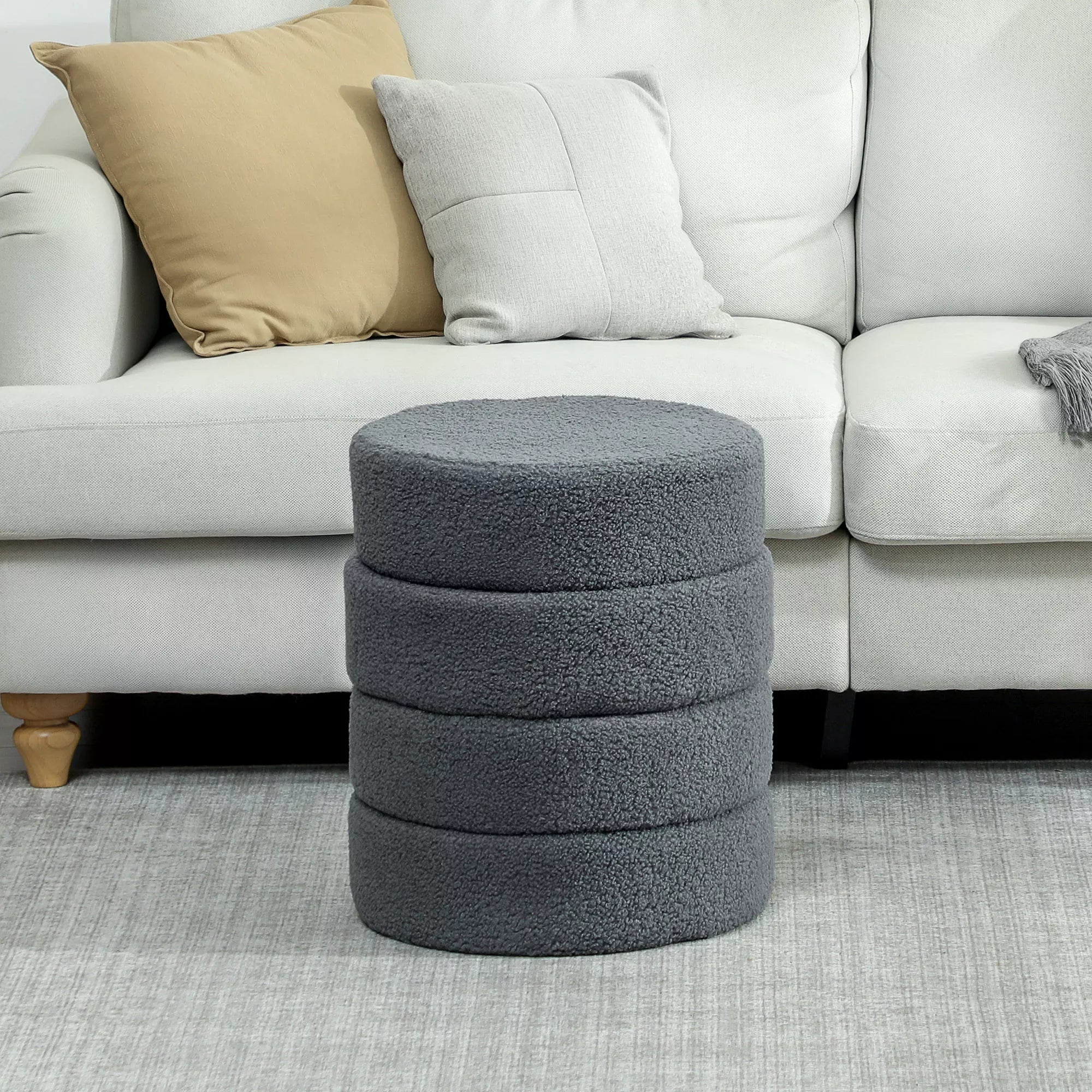 Apvalus pufas su Teddy audiniu, iki 120 kg, 40x40x45 cm, tamsiai pilkas