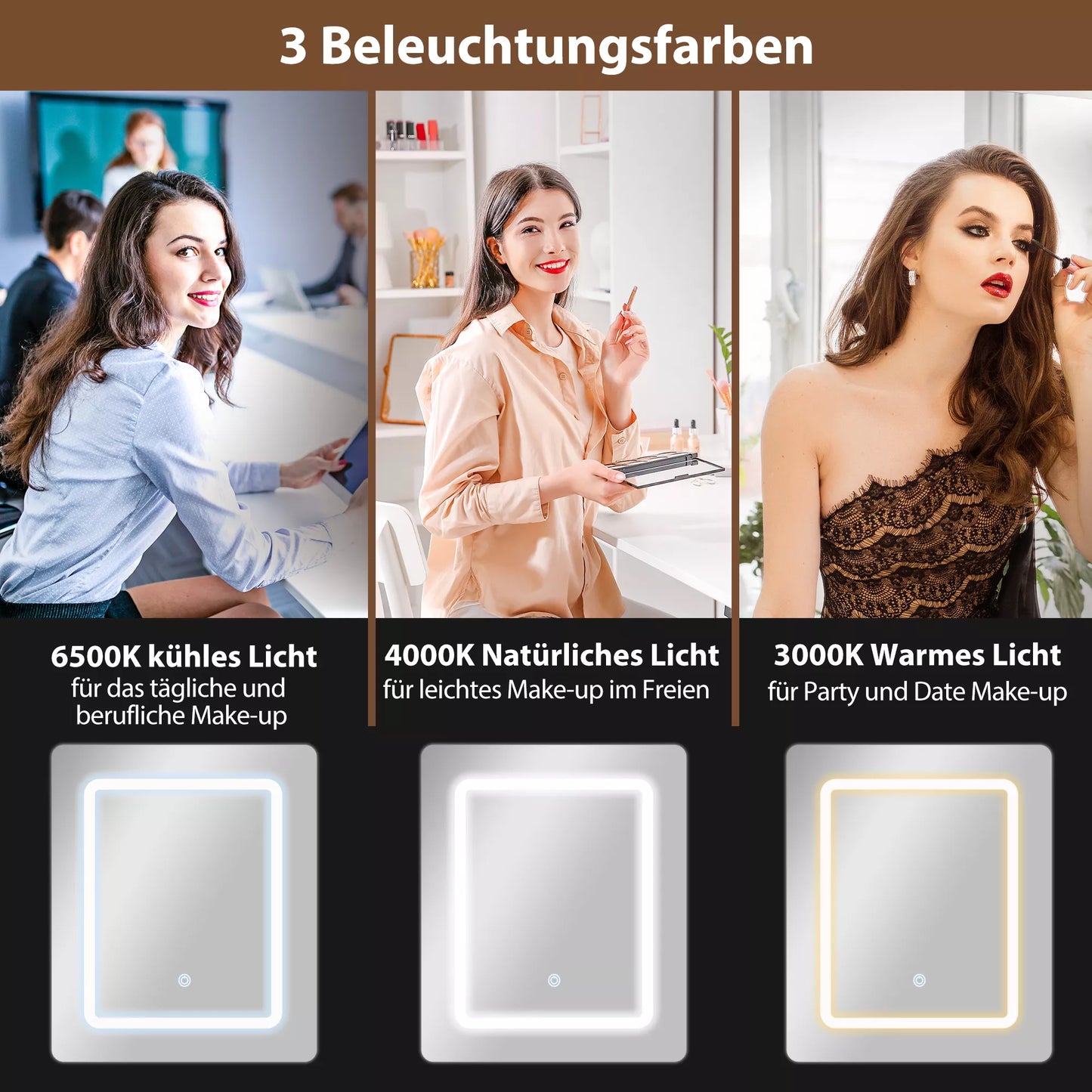 Kompaktiškas tualetinis staliukas su veidrodžiu ir LED apšvietimu, sulankstomas stalviršis, atviros lentynos, stalčius, MDF, baltas