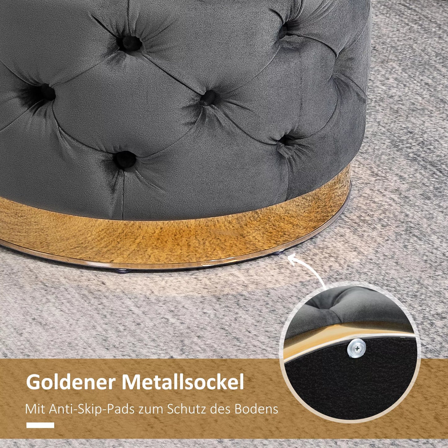 Vintažinis pufas, sėdima taburetė, skrynelė su vieta daiktams, paminkštinta kojų taburetė, metalas, putplastis, anglies pilkumo, 55 x 55 x 42 cm