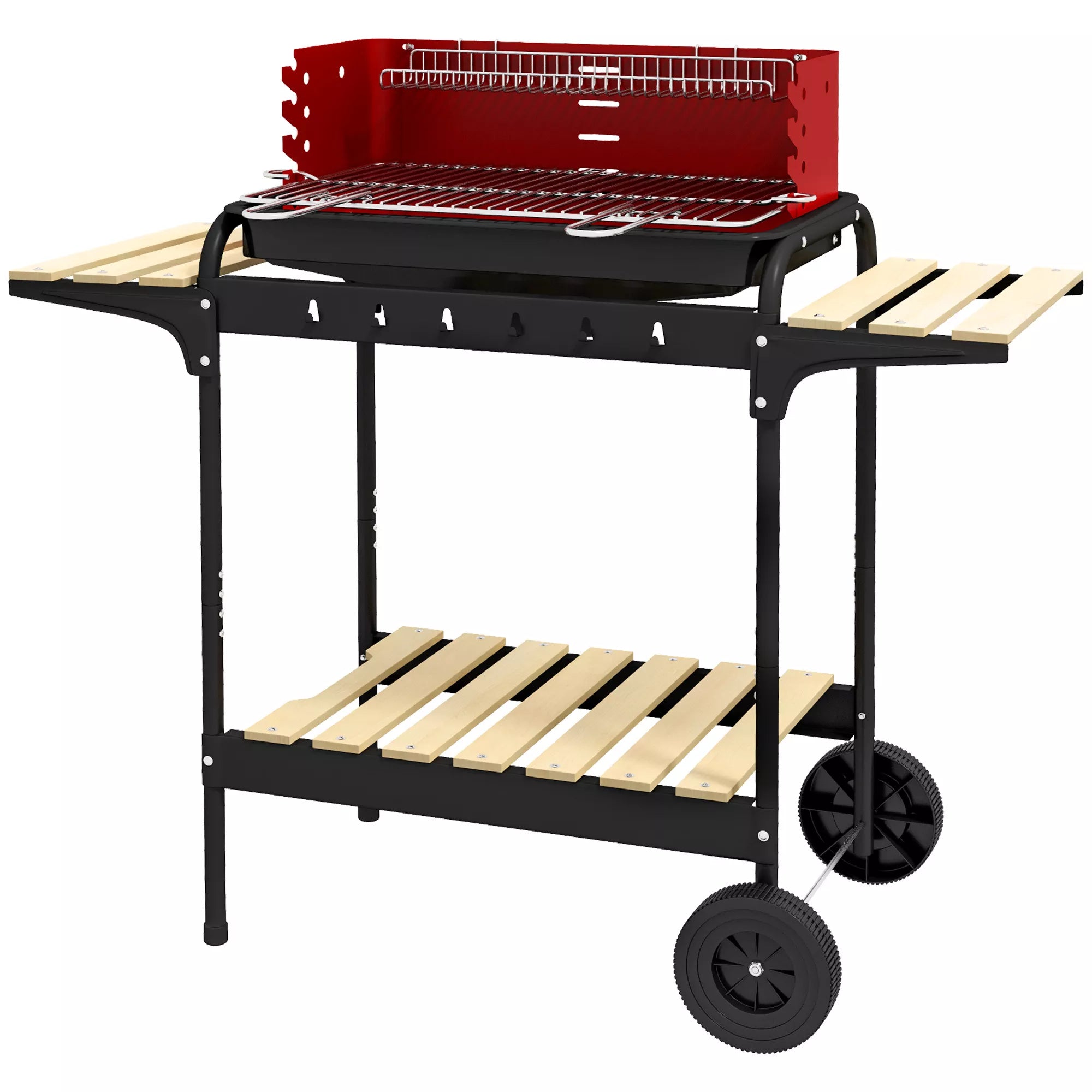 Metalinis anglies grilis BBQ Smoker su ratukais, aukščio reguliuojamas grotelių aukštis, medienos dėklas 103x47x95 cm Raudonas