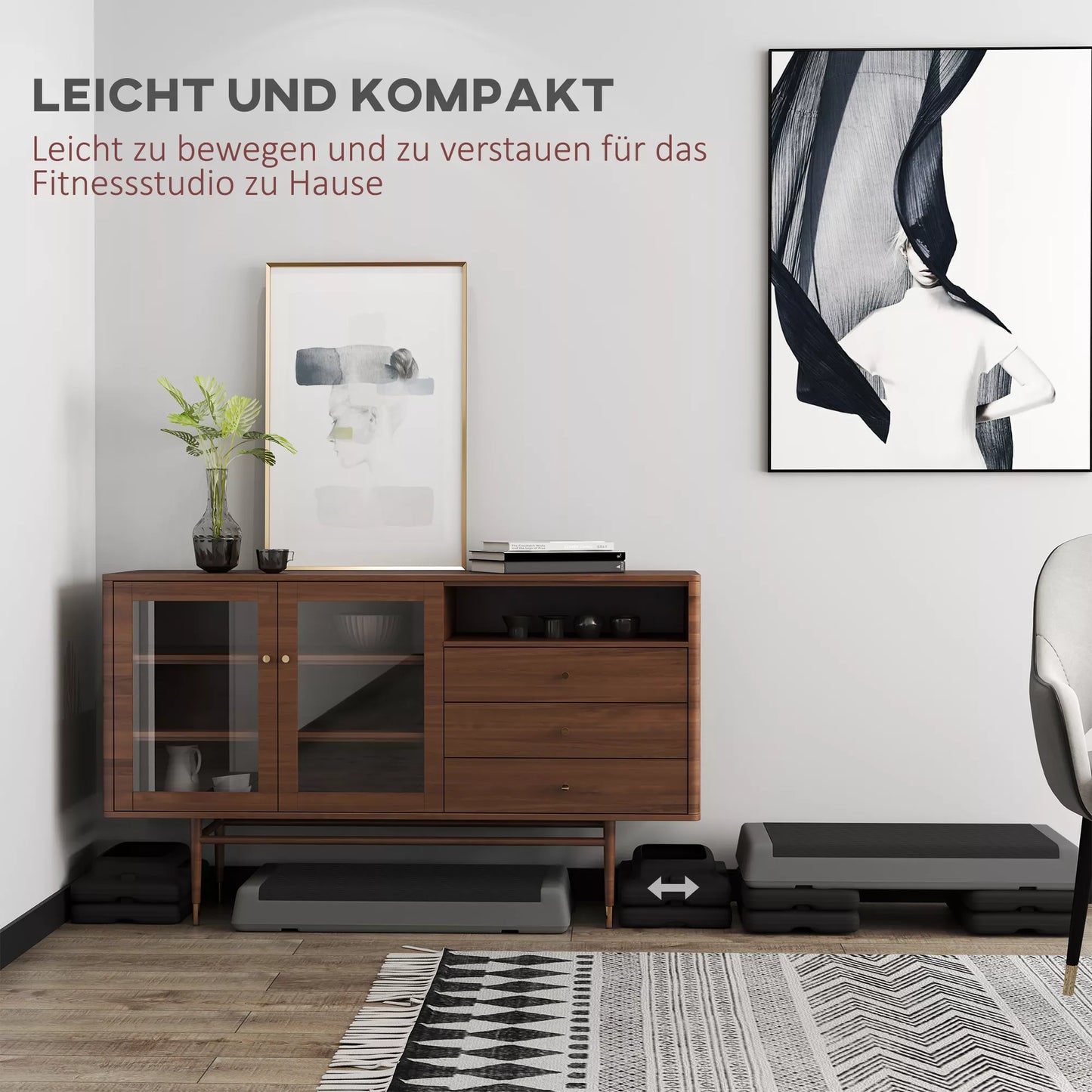 Aukščio reguliuojamas fitneso steperis, neslystantis, tinkamas naudoti namuose, sporto salėje arba biure, plastikas, pilkas