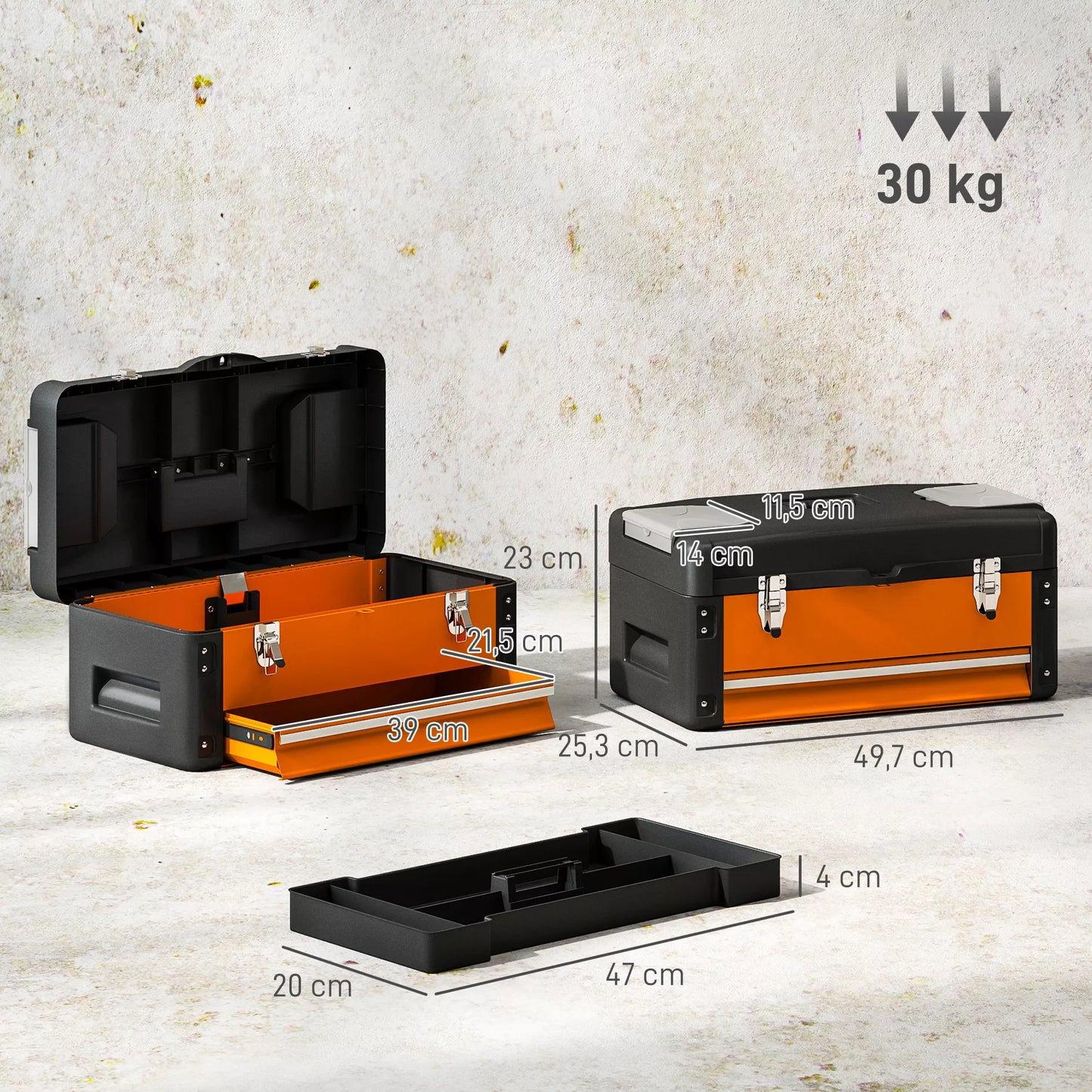 Tuščia įrankių dėžė, 49,7 x 25,3 x 23 cm, įrankių dėžė su stalčiumi, mini dėžutė, plieninė, oranžinė