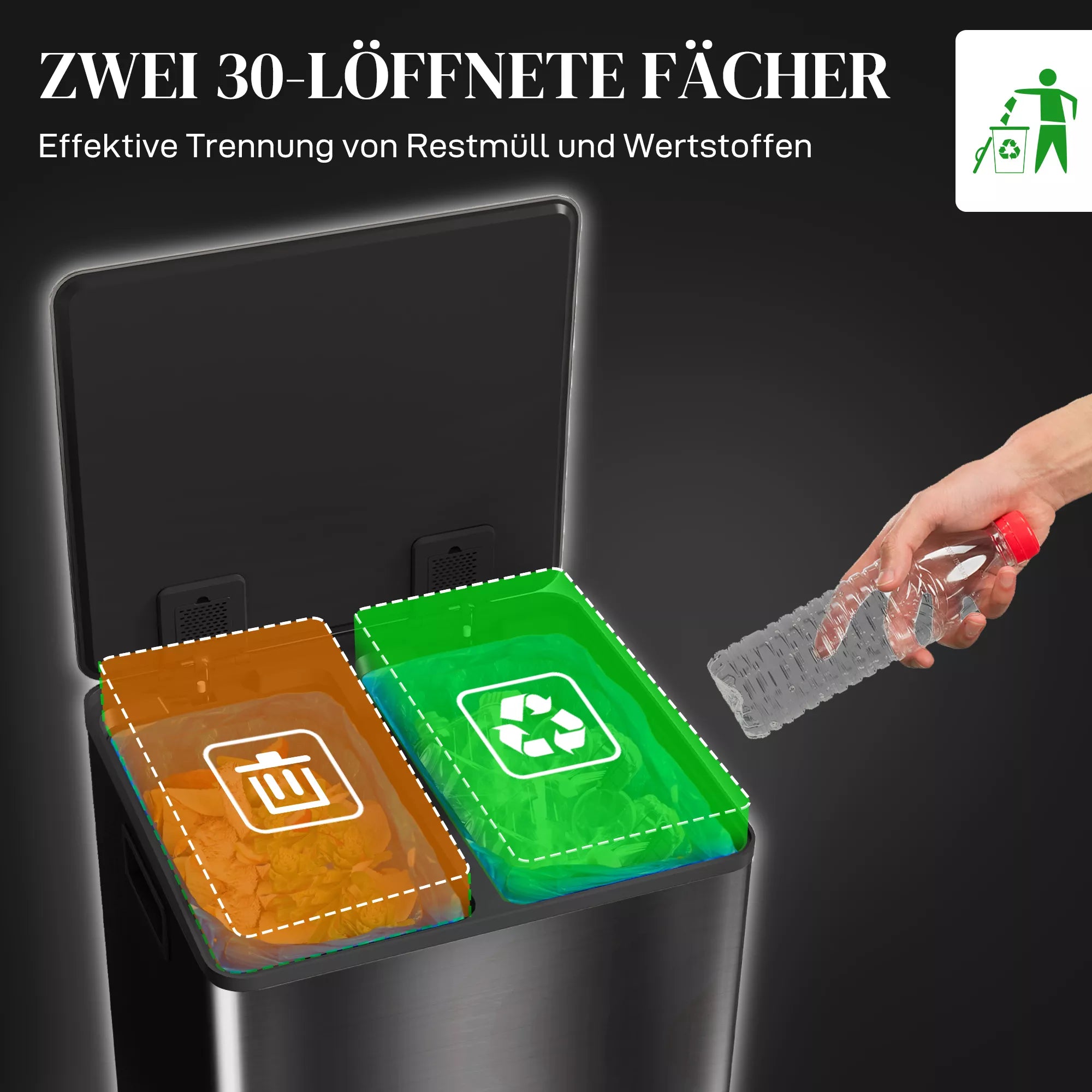 Šiukšliadėžė su 2x30 l skyrių, minkštu uždarymo dangčiu, apsaugota nuo pirštų atspaudų, nerūdijančio plieno, juodos spalvos