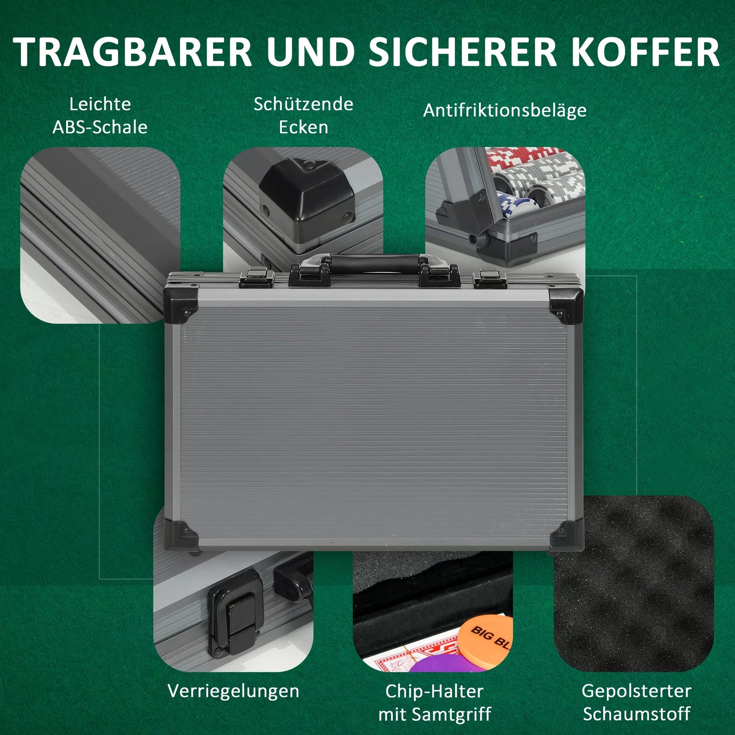 Pokerio rinkinys, Pokerio lagaminas, 400 žetonų, 2 kortų kaladės, 5 kauliukai, Dalintojo žetonas, Kilimėlis