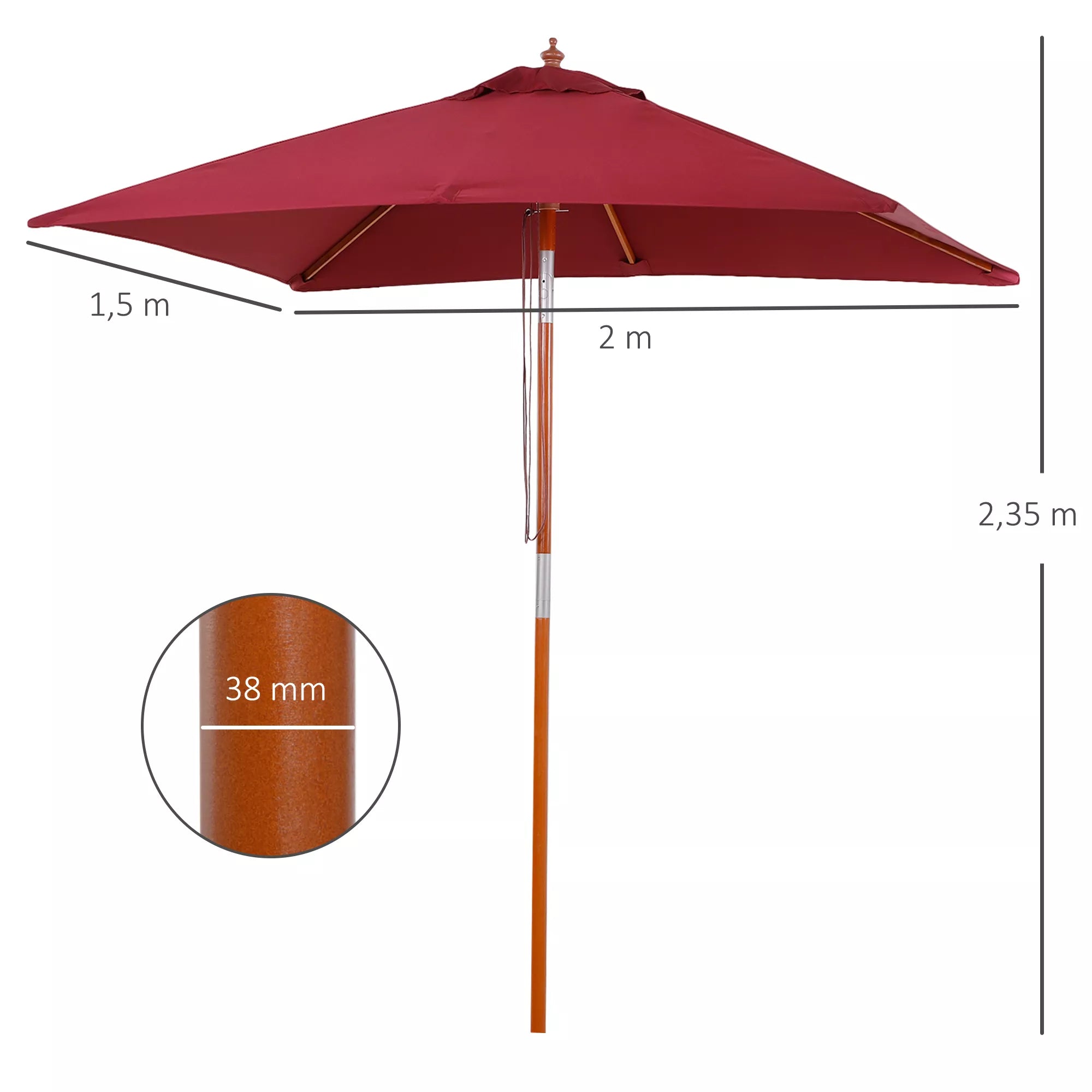 Saulės skėtis 200 x 150 x 235 cm Sulankstomas sodo skėtis, reguliuojamas 3 pakopomis, stačiakampis, atsparus vandeniui ir UV spinduliams, skirtas paplūdimiui, balkonui, terasai, sodui, vyno raudonos spalvos.