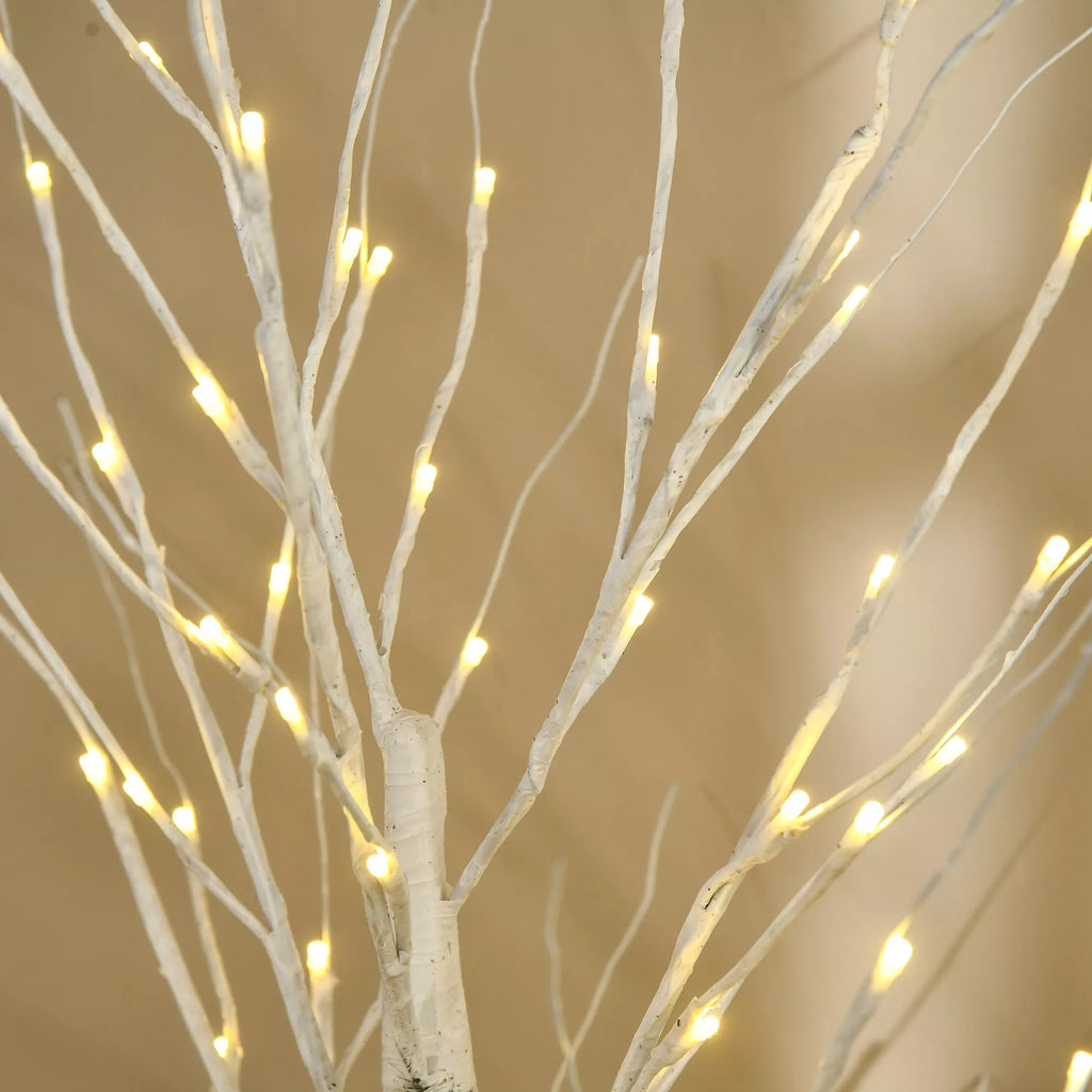 Dirbtinė beržo imitacija su LED lemputėmis, lanksčios šakos, plastikas ir metalas, 150 cm, balta