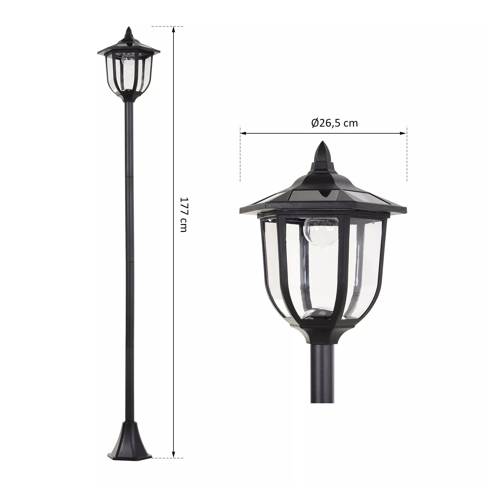 Sodo žibinto matmenų schema: 177 cm aukštis, Ø26,5 cm galva