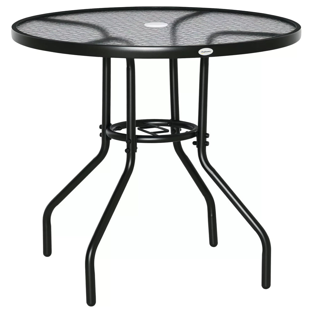 Sodo stalas Sodo pagalbinis stalas Sodo baldai Balkono stalas Bistro stalas su skėčio skyle Kietas stiklas + metalas Juodas Ø80 x 72 cm