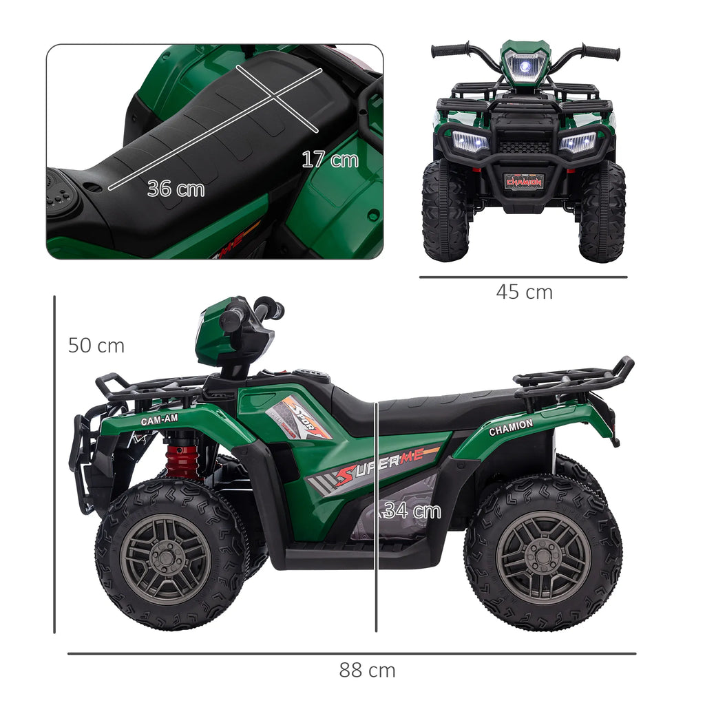 Elektrinis keturratis vaikams, maks. 4 km/h, nuo 3 metų, LED žibintai, muzikos jungtis, juodas + žalias 88 x 45 x 50 cm