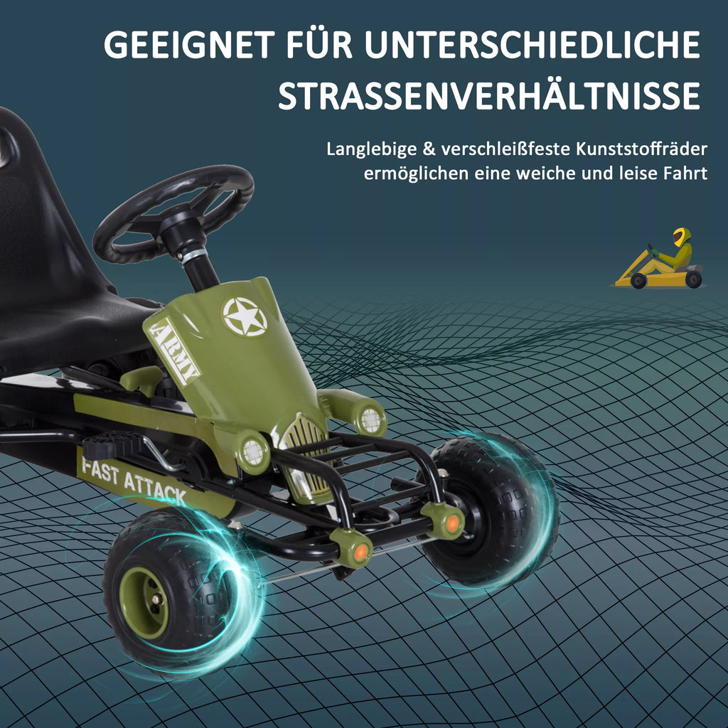 Žalias pedalinis go-kart su profiliuotais ratais įvairioms gatvėms