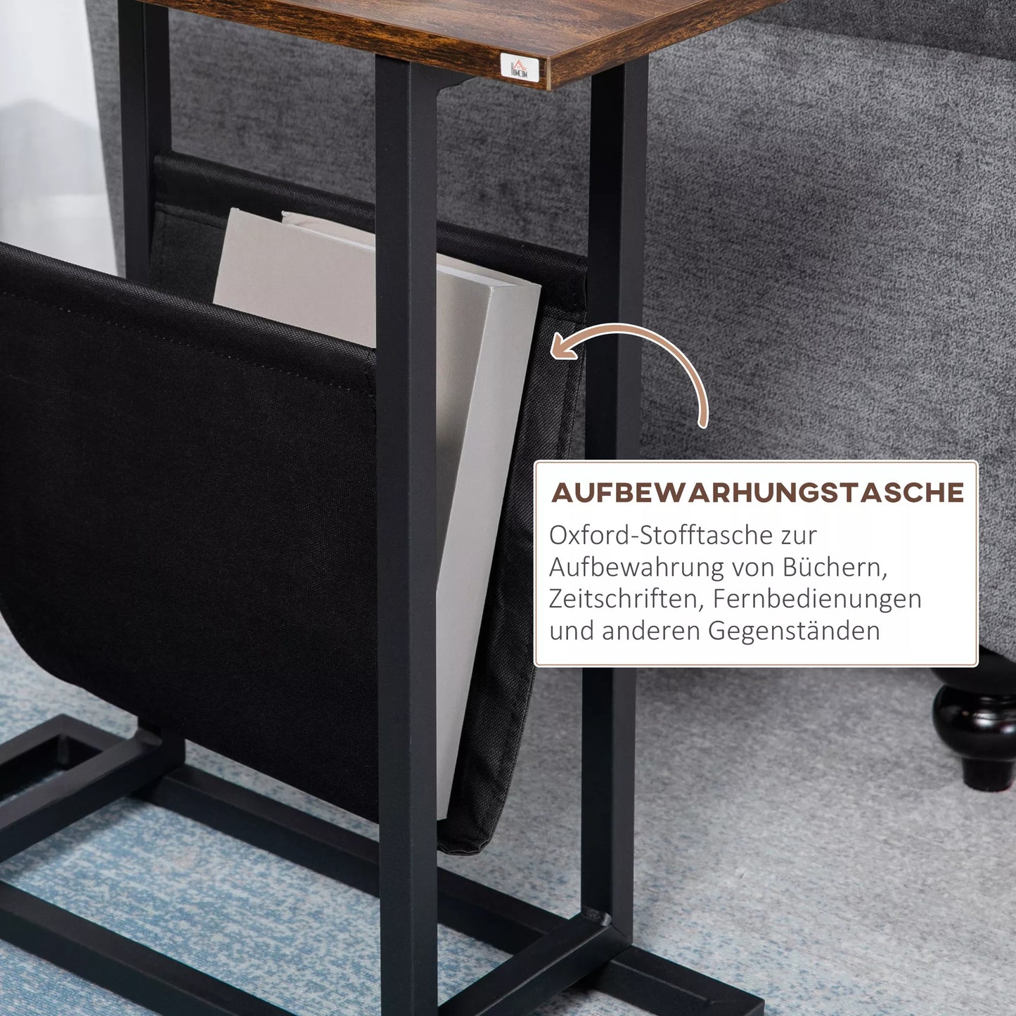 Naktinis staliukas, pagalbinis staliukas, siauras dizainas, su audinio kišene, plienas, tamsiai rudas+juodas, 49 x 19 x 55cm