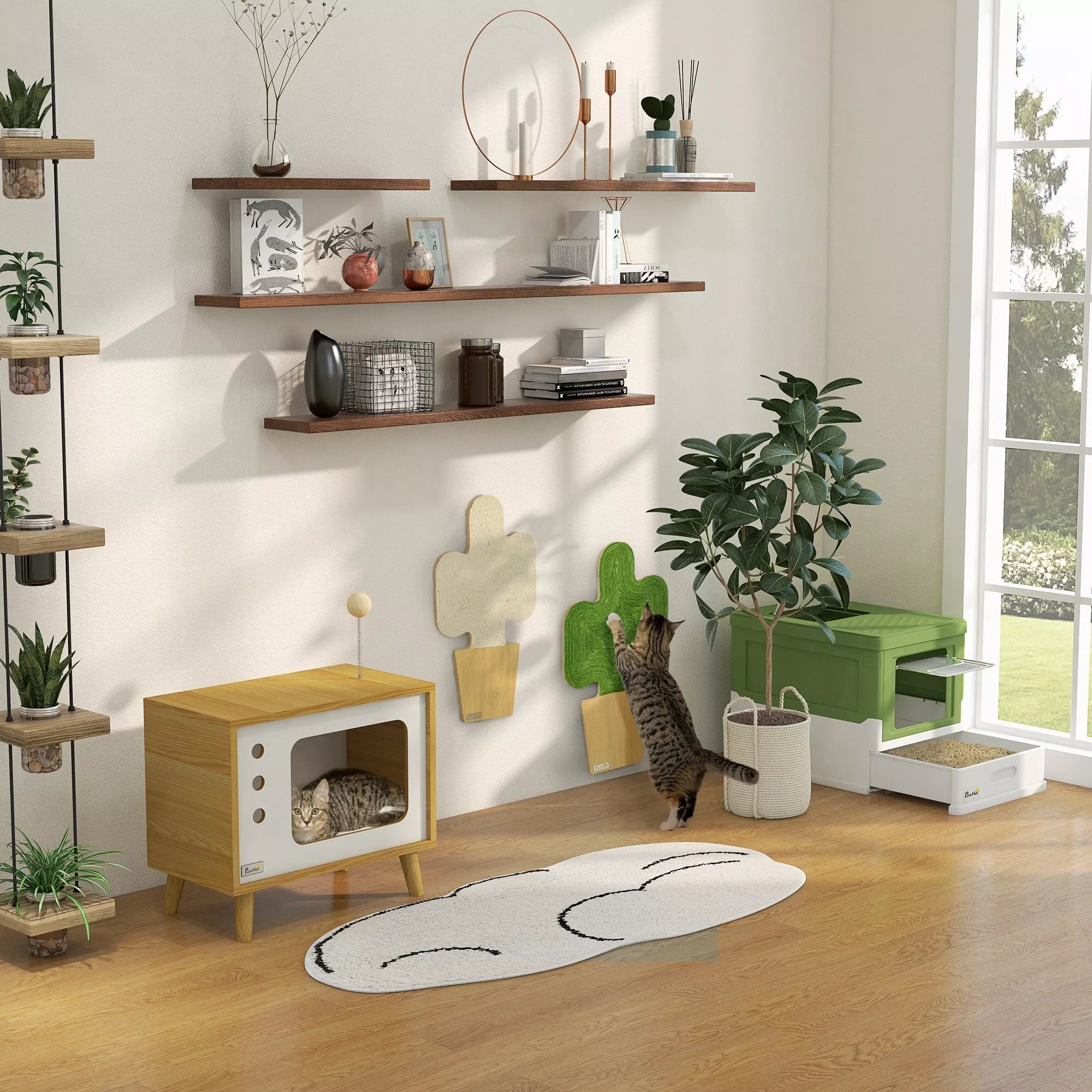 Katės urvas TV dizaino, su žaislu, plaunama pagalvėle, 50 cm x 28 cm x 43 cm, ąžuolas + smėlio spalva + balta